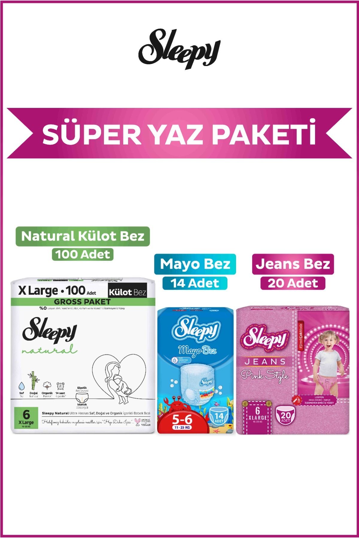 Sleepy Pink Jeans Külot Bez 6 Numara 20 Adet+Mayo Külot Bez 14 Adet+Natural Gross Külot Bez 100 Adet