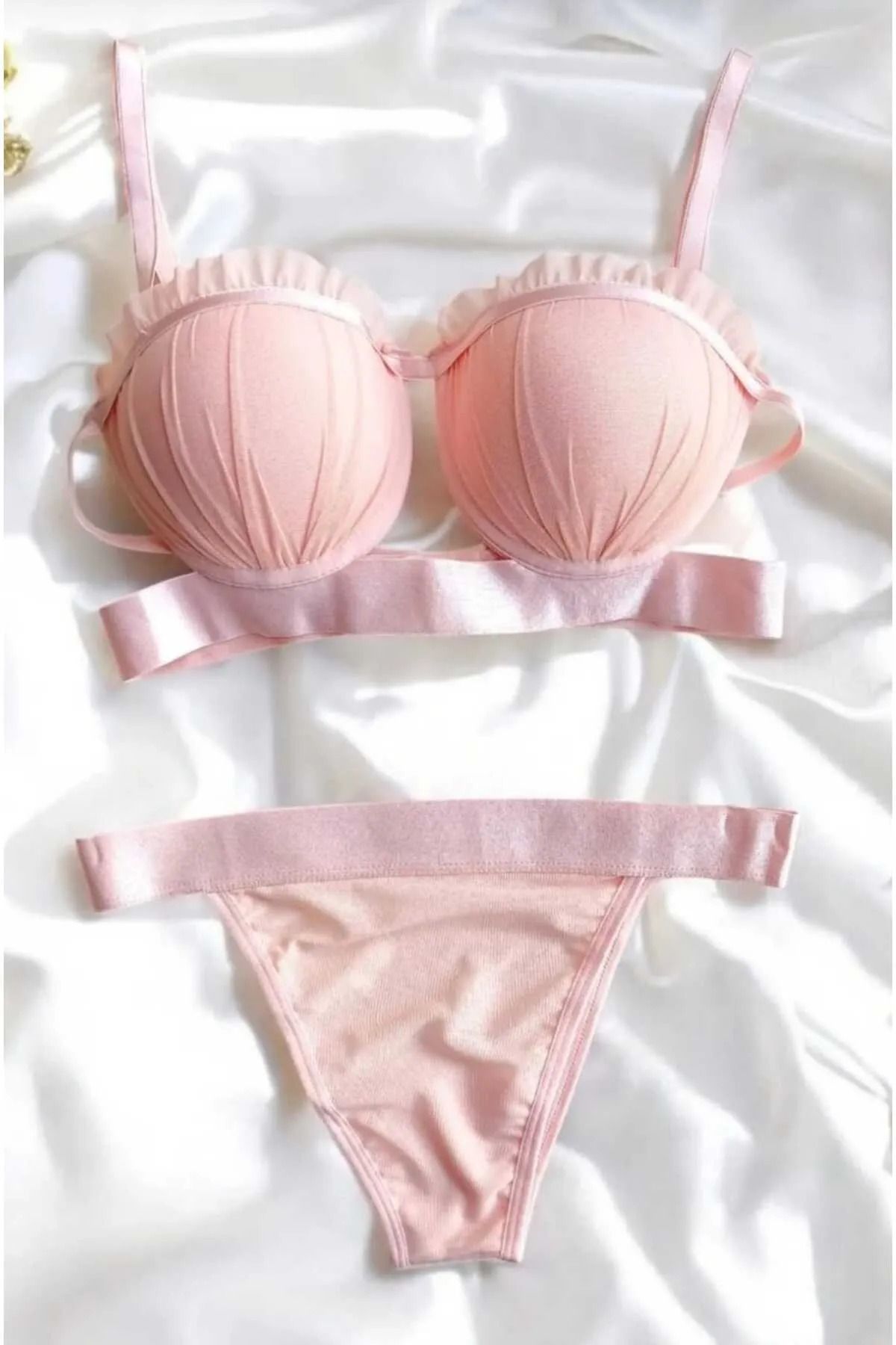 CLADİS Midye Model Saten Şeritli Dolgulu Sütyen Külot Takımı Kırmızı Bralet Ve Külot Takımı -SOMON RENK
