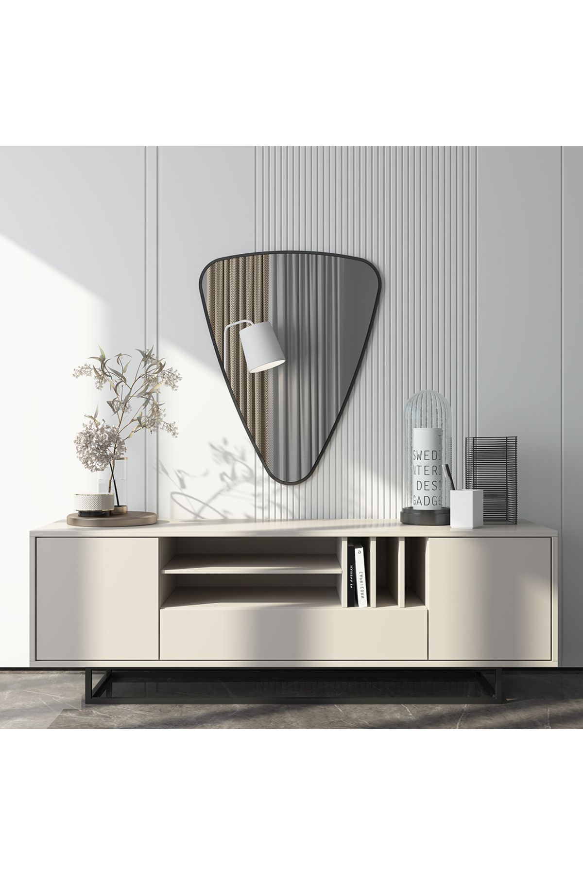 Aypars Atölye 50x64 cm Modern Asimetrik Duvar Aynası – Siyah Kenarlı, MDF Zeminli, Askı Aparatlı