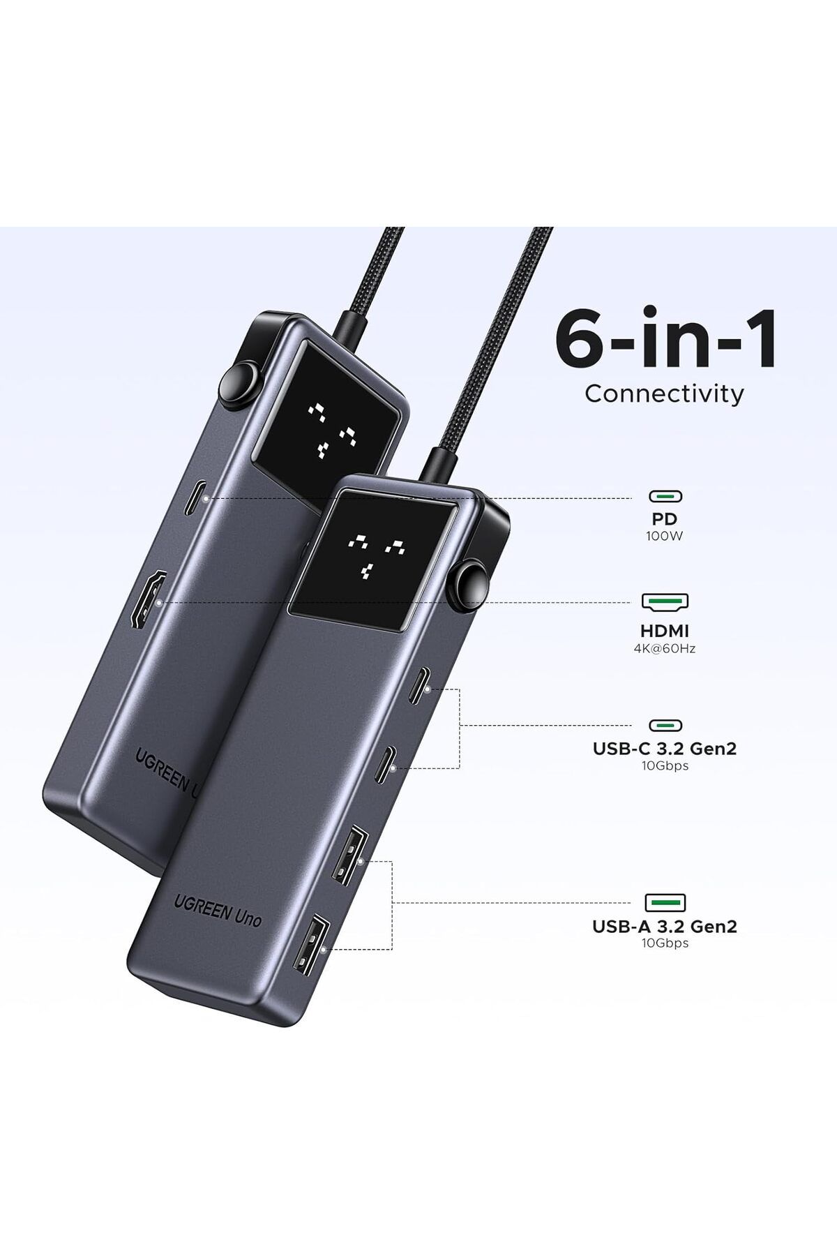 Ugreen-Uno 6 in 1 USB C Hub 3.2 with 10Gbps Type C & USB A Gen 2 Data Transfer Ports 100W PD 4K@60Hz 3