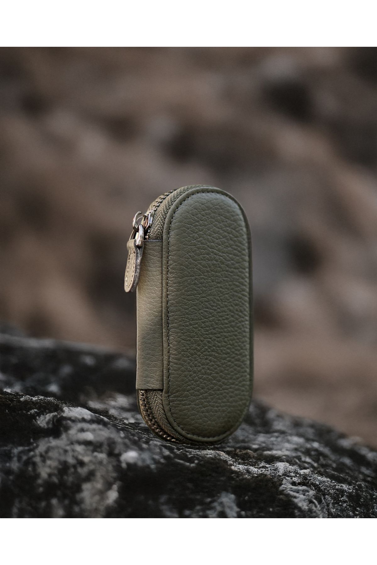 Valerian Luxury Bags & Organizers Fermuarlı Deri Anahtarlık - Haki Renk
