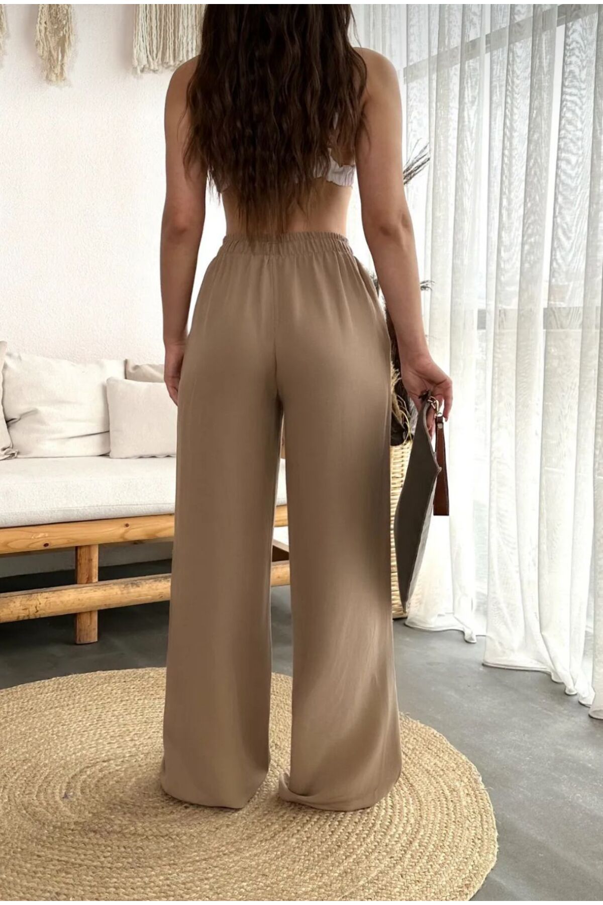 jsshop collection HAWAİİ Kadın Keten Beli Lastik Bağlamalı Yüksek Bel Geniş Kesim Cepli Yazlık Pantolon