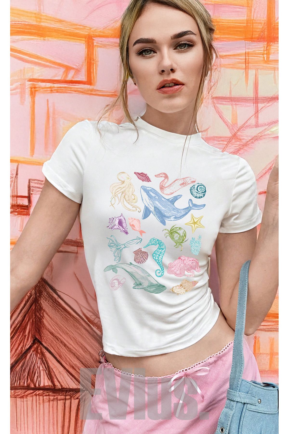 JANSO GROUP Kadın Yunus Baskılı Basic Bisiklet Yaka Dar Kalıp T-Shirt