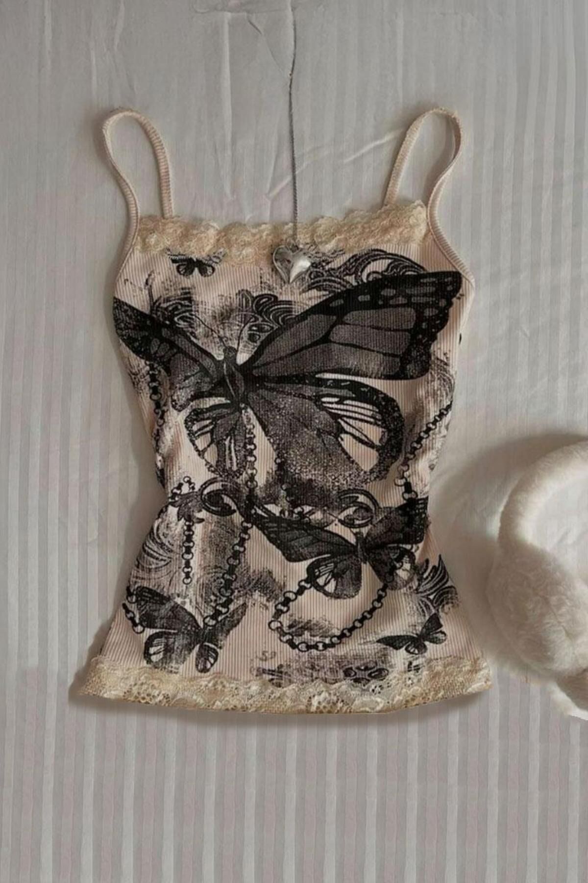 Karakedi Vintage Style Yaka ve Alt Dantel Butterfly Askılı Bluz