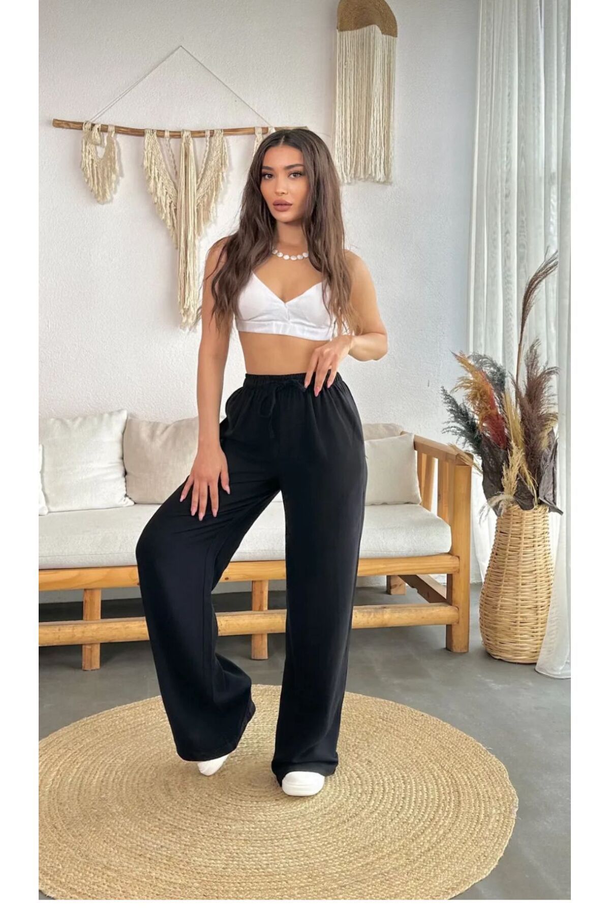 SHEVANE NEW SEASON Kadın Keten Beli Lastik Bağlamalı Yüksek Bel Geniş Kesim Cepli Yazlık Pantolon
