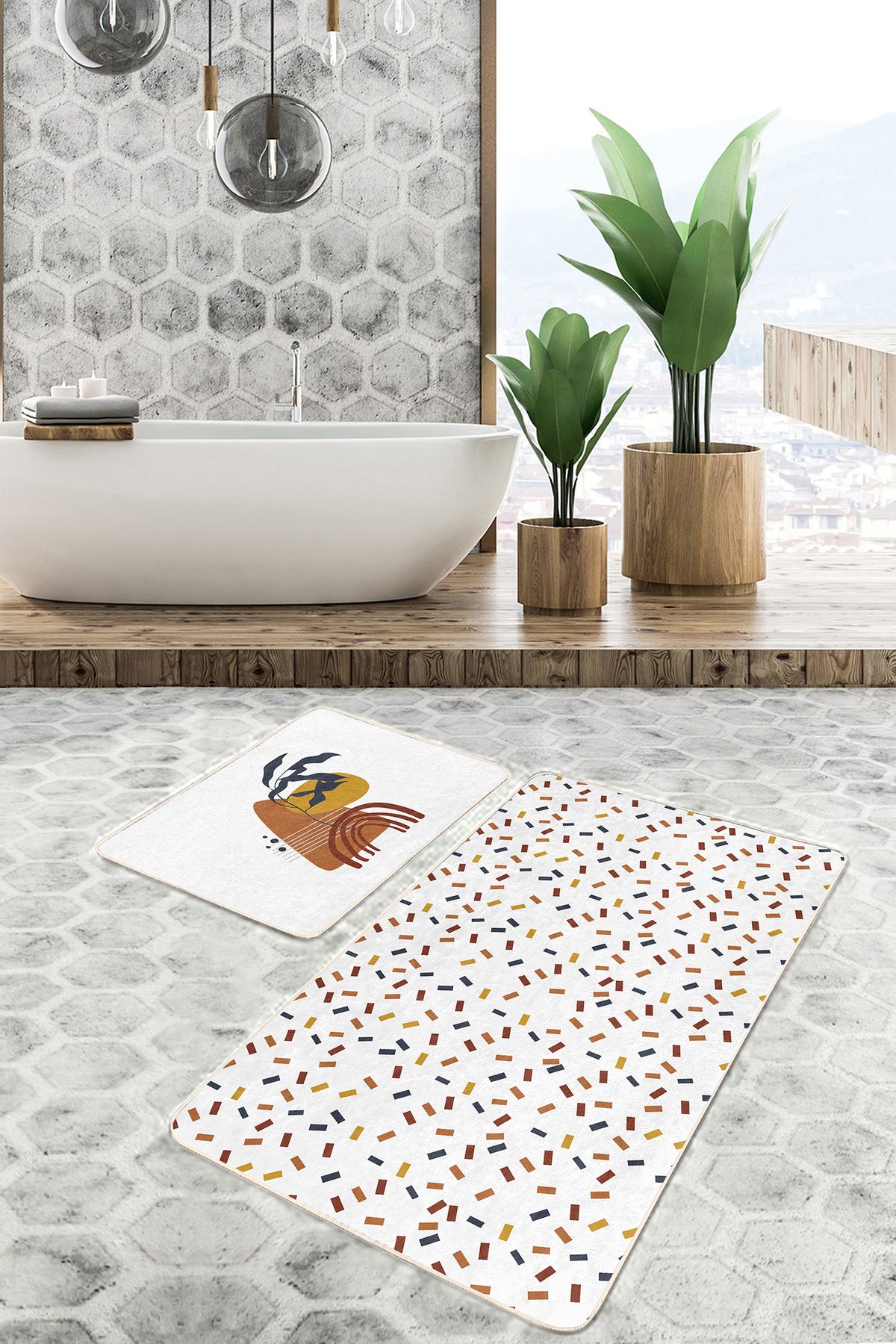 Realhomes Renkli Geometrik Motifli 2'li Banyo Paspas Takımı & Mutfak Paspas Seti