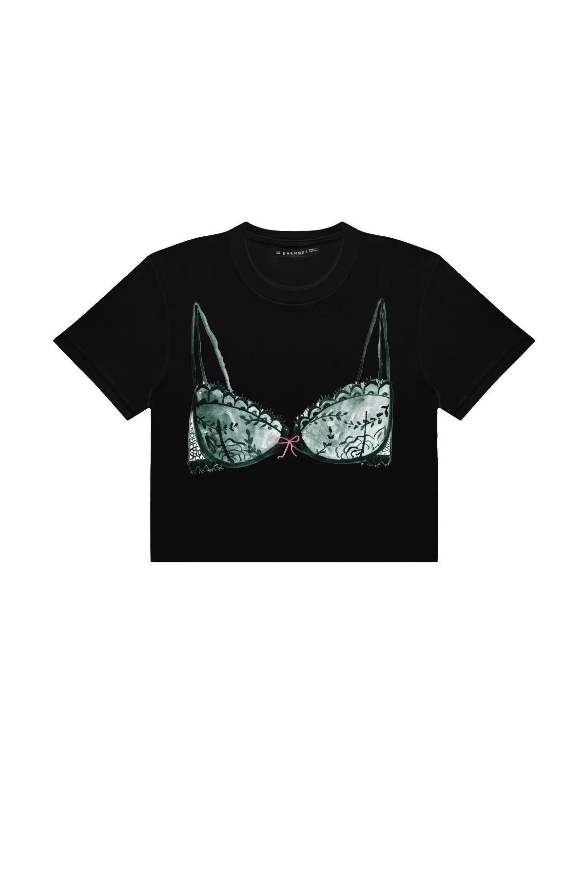 Sekizbiraltı Fiyonk Desen Bikini Baskılı Siyah Crop Top