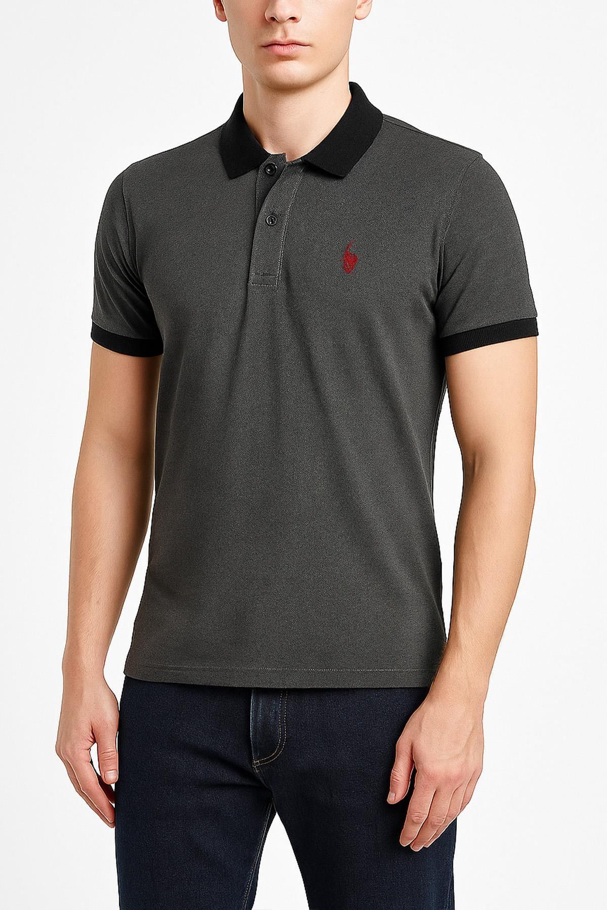 Polo Republica & CO Erkek Antrasit Siyah Regular Fit Polo Yaka Tişört C2T0N9O2