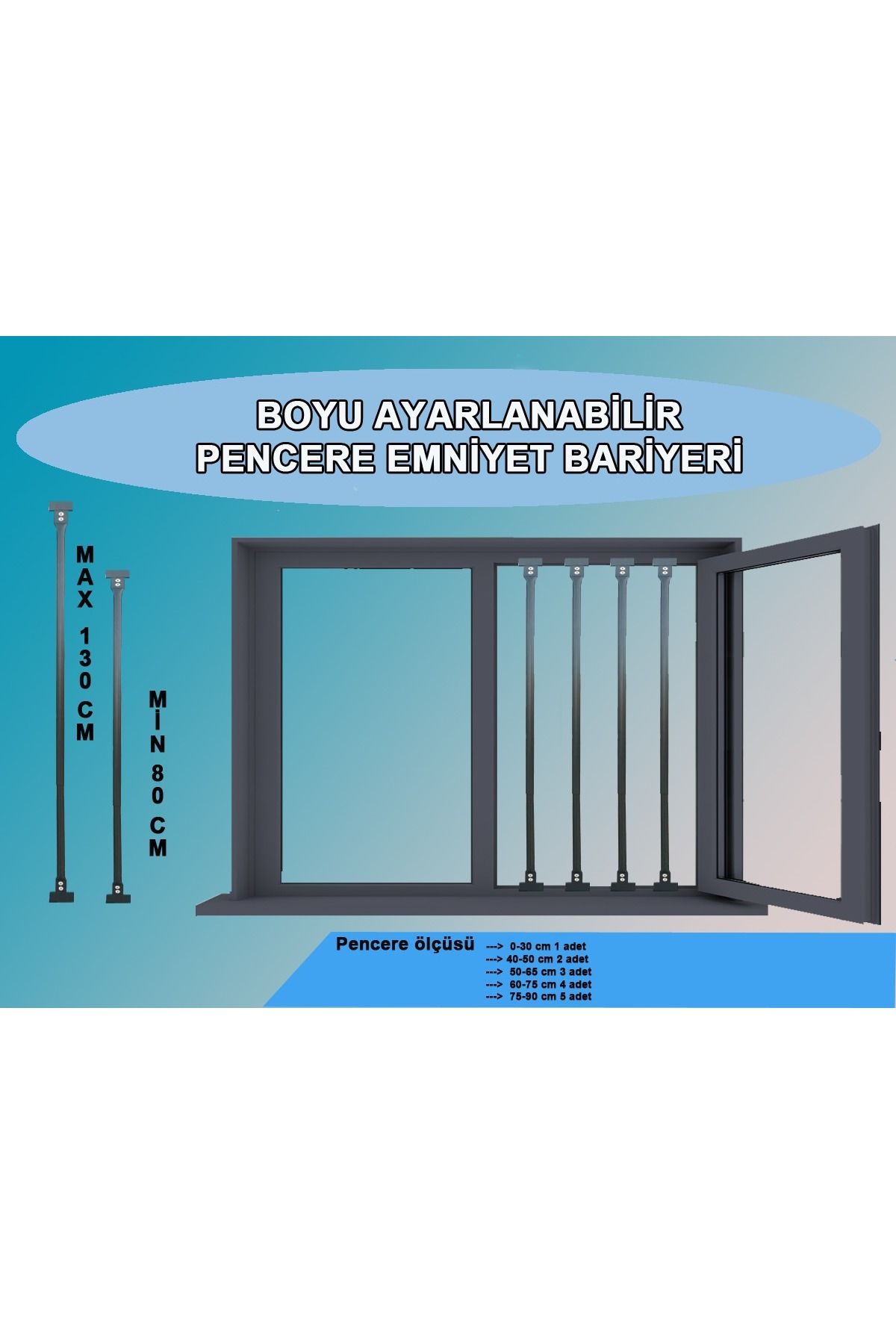 Tuncel Teknik ANTRASİT RENK PENCERE GÜVENLİK BARİYERİ-BOYU AYARLANABİLİR KORKULUK (80-130 CM )