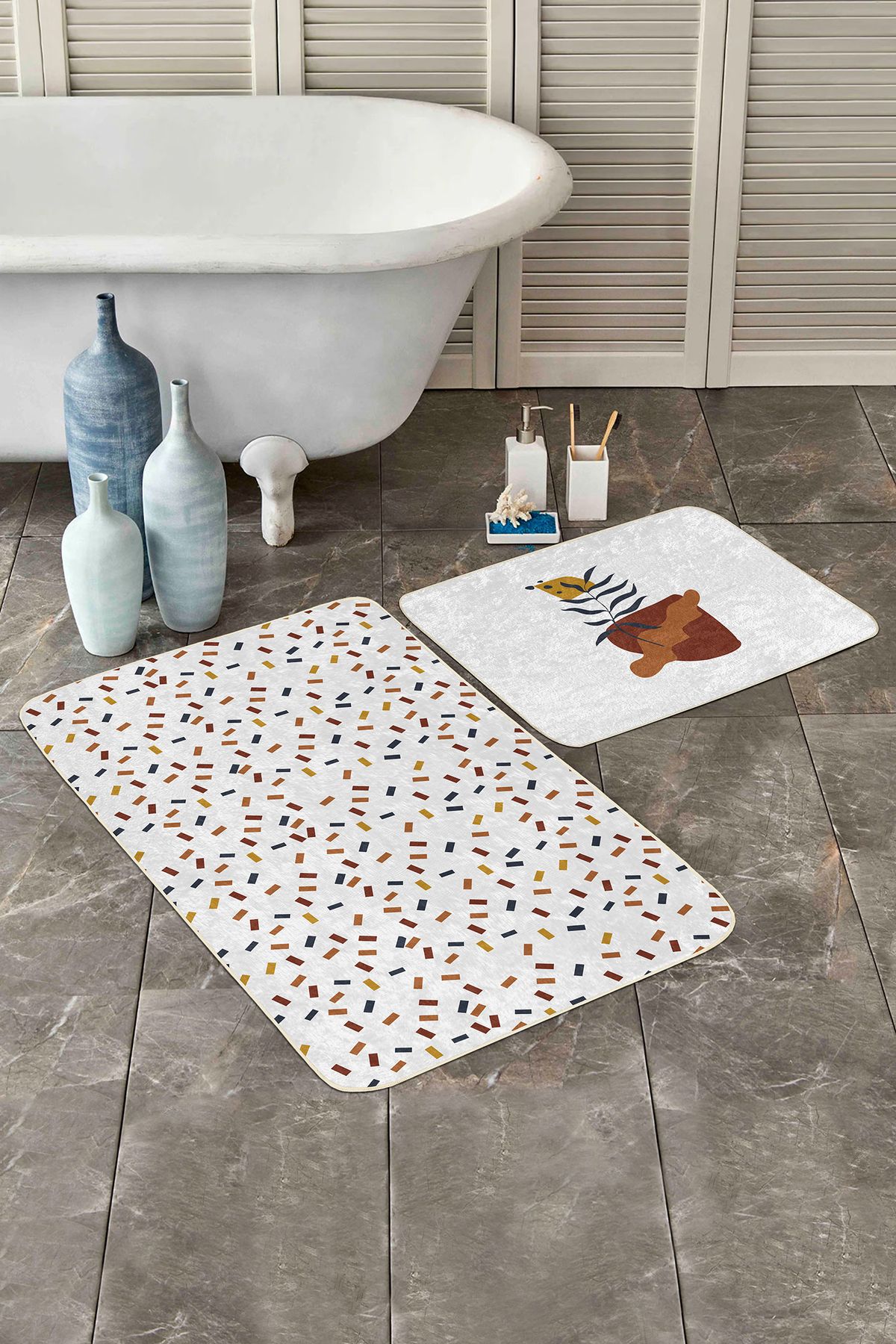 Realhomes Renkli Geometrik Motifli 2'li Banyo Paspas Takımı & Mutfak Paspas Seti