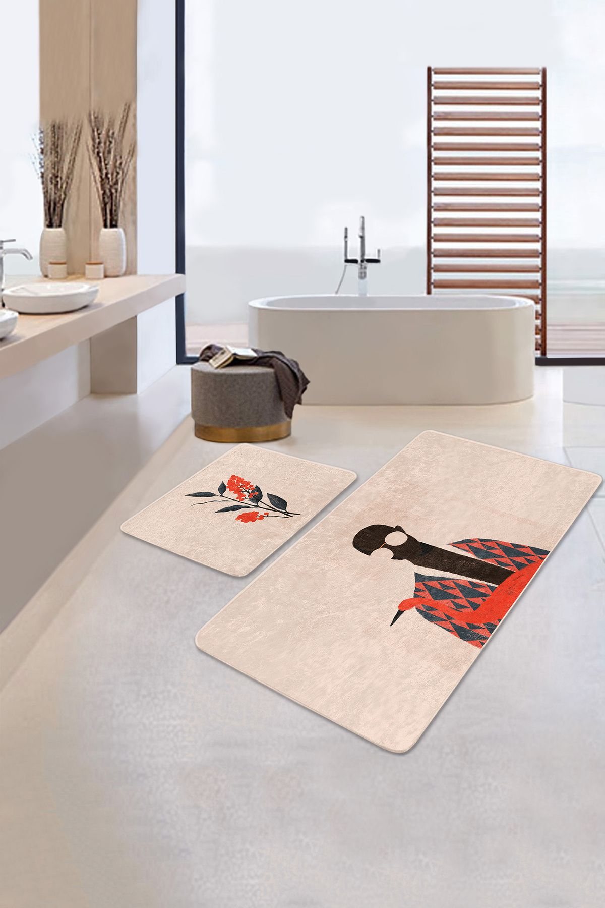 Realhomes Adam Çiçek Motifli 2'li Banyo Halı Seti & Klozet Paspas Takımı