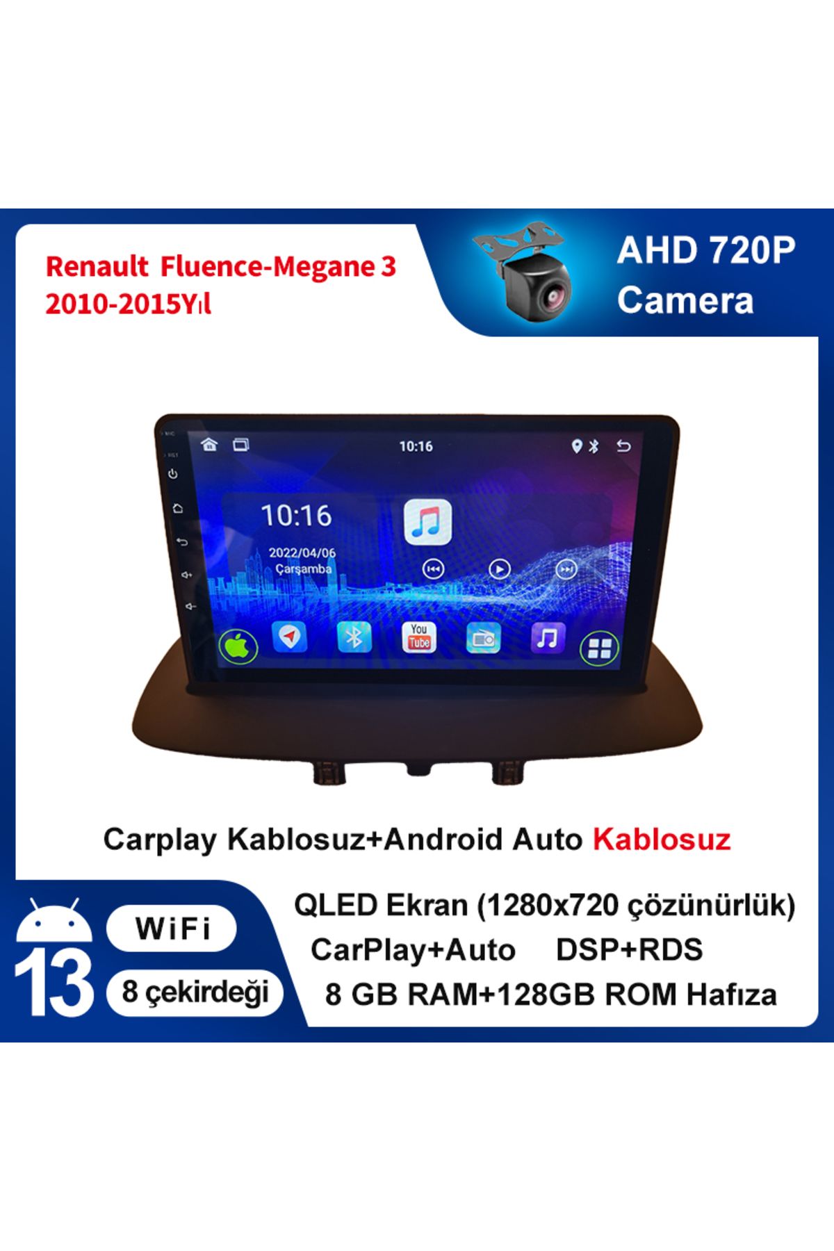 coni Renault Fluence-Megane 3 2010-2015Yıl 8GB Ram 128GB Rom Multimedya Kablosuz Carplay Navigasyon