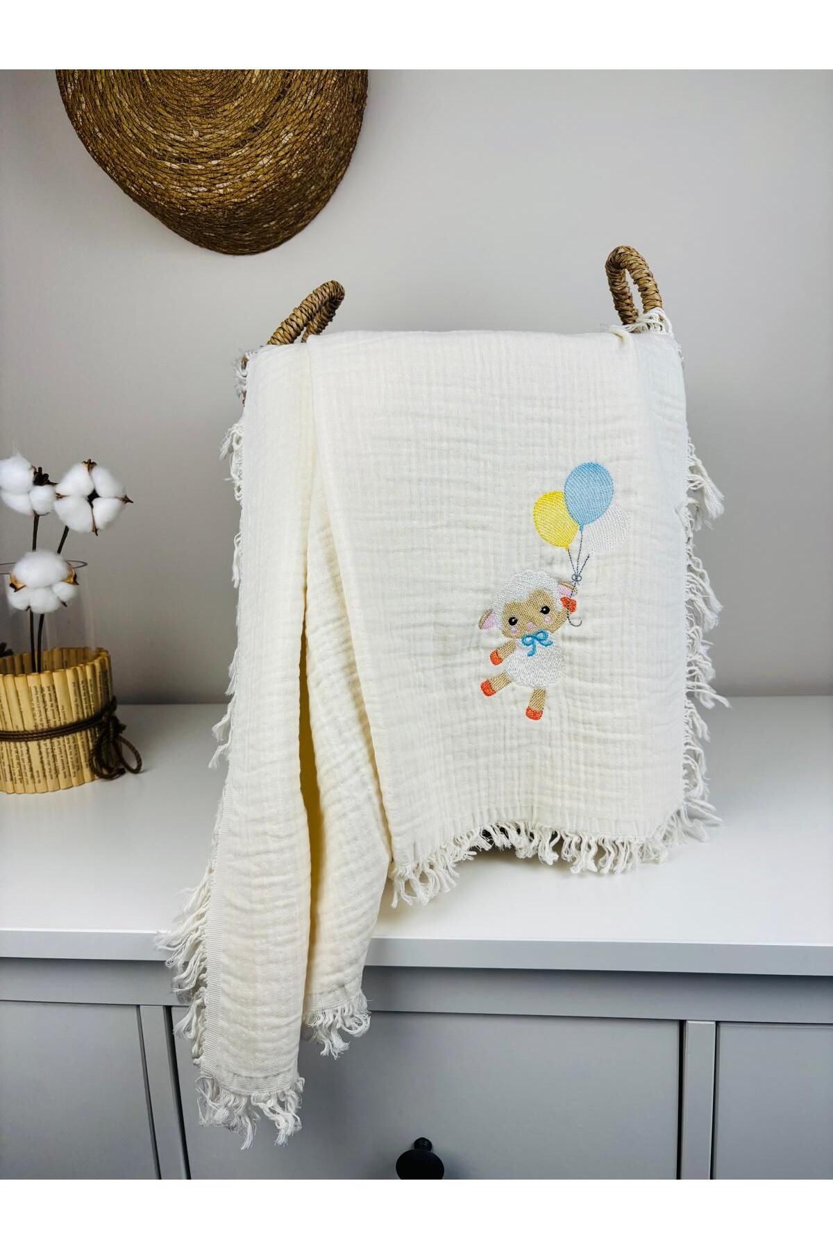 NOİSY TEKSTİL Ekru Müslin %100 Pamuk 4 Katlı Nakışlı Müslin Bebek Battaniyesi Çok Amaçlı Örtü 110x110 CM OEKO-TEX