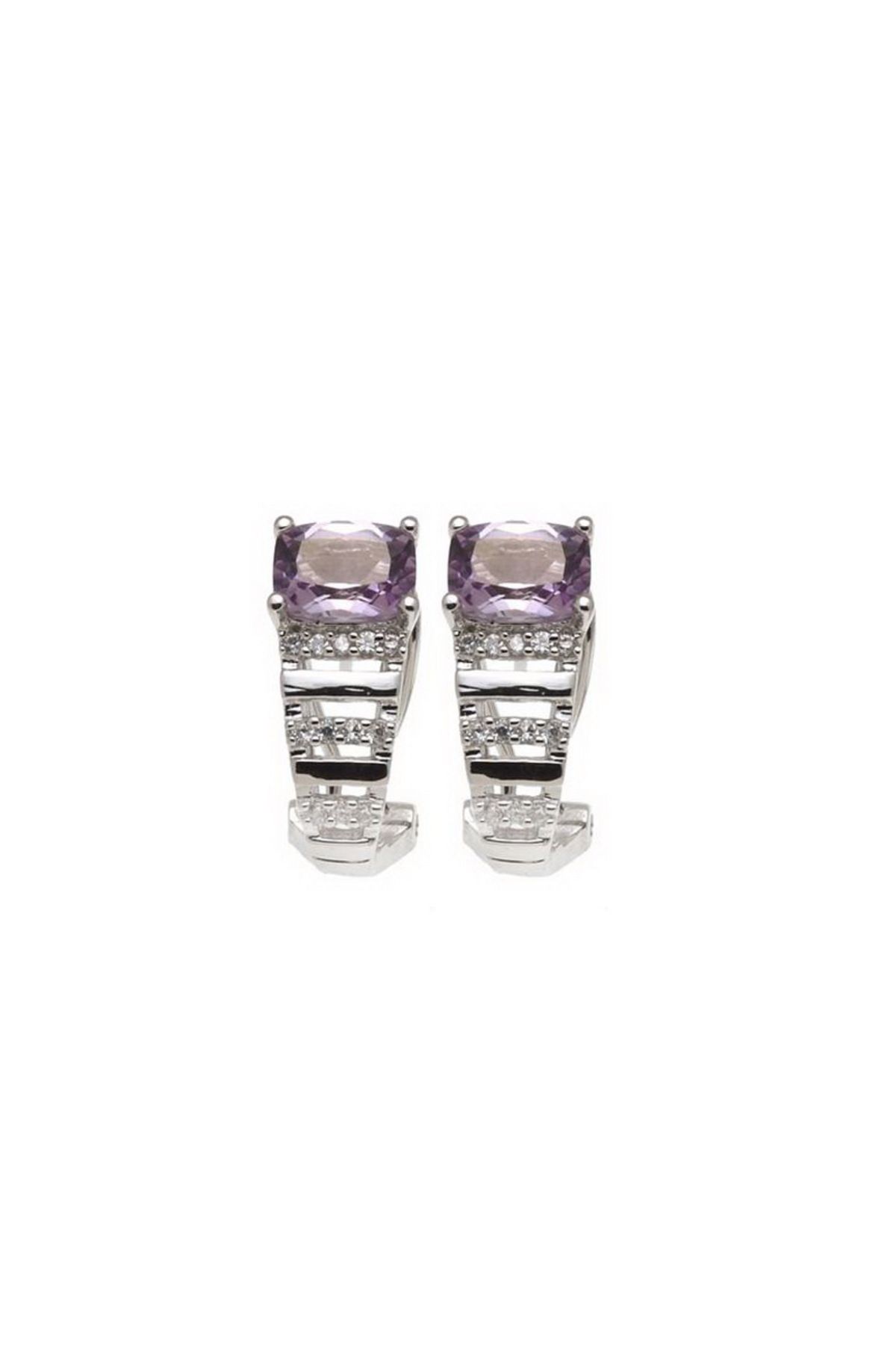 GÜMÜŞ DÜNYASI 925 AYAR Gümüş Rodyum Kaplamalı Atom Beyaz Zirkon ve Oval AMETİST Taşlı Kadın KÜPE