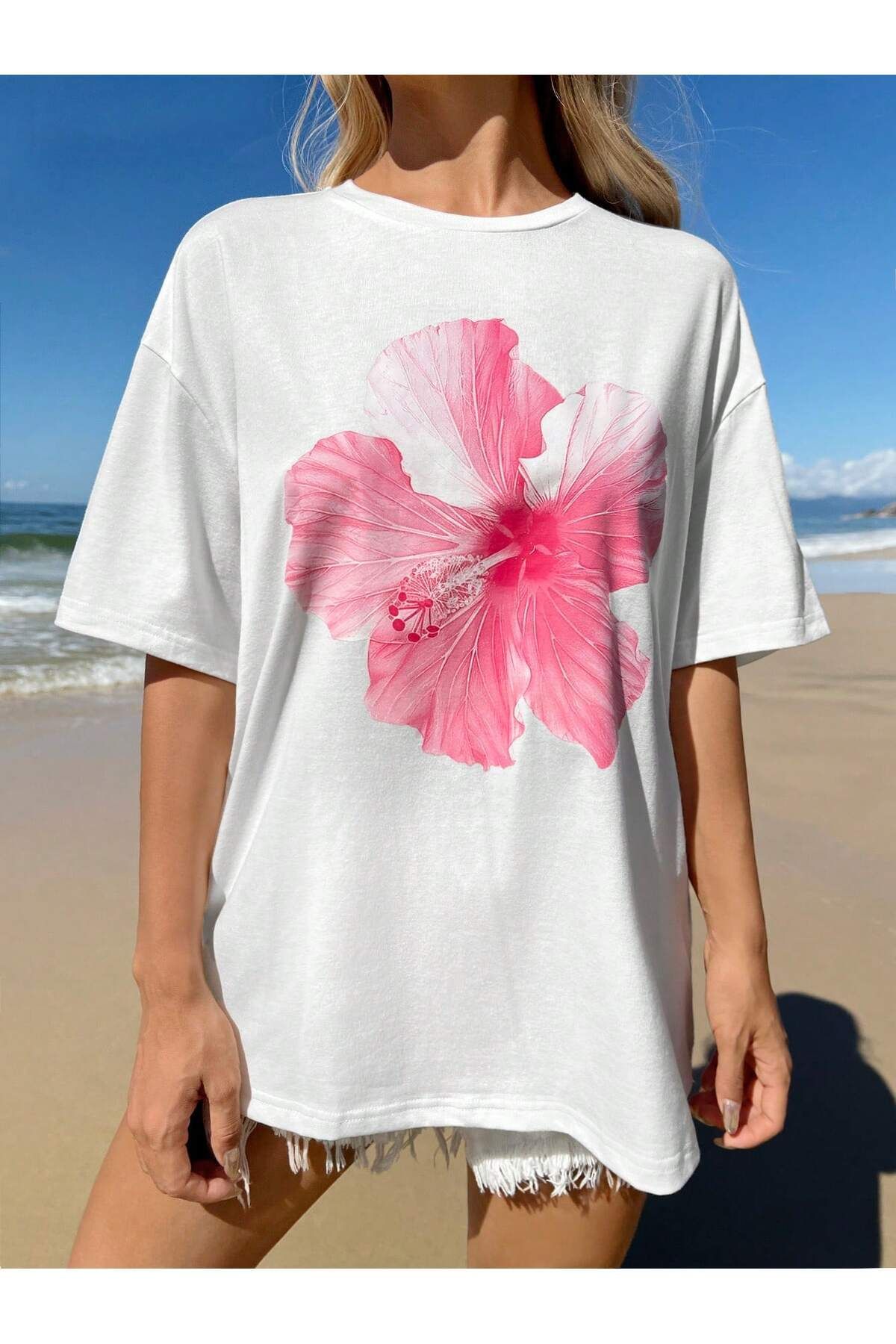 JANSO GROUP Oversize Çiçek Baskılı Bisiklet Yaka T-Shirt