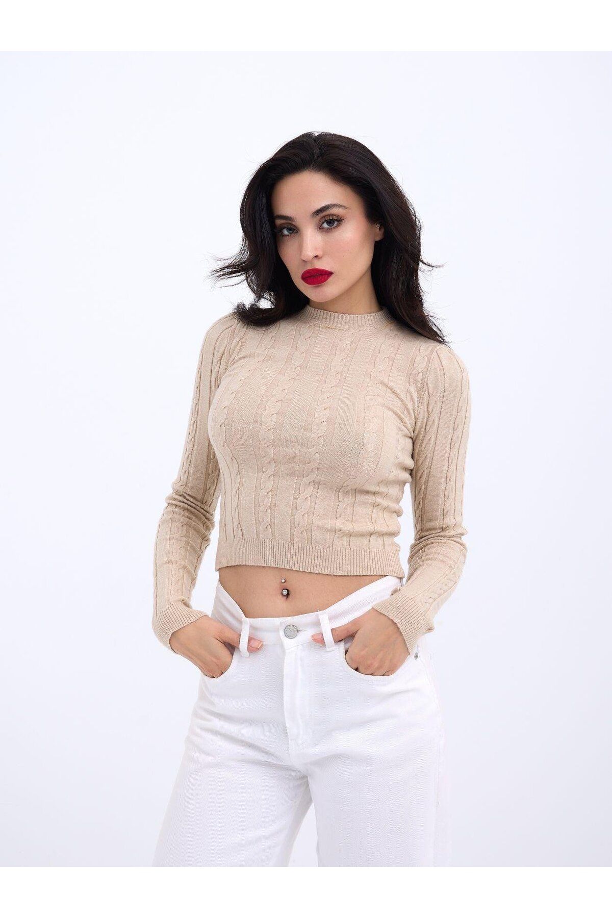 DEAG 42491 TRİKO SAÇ ÖRGÜ CROP KAZAK-VİZON