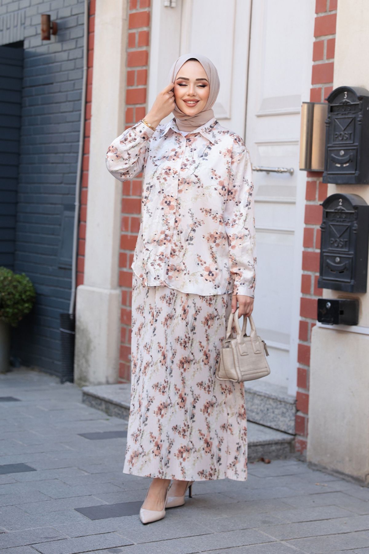 N.S NEVA STYLE-Patterned Mink Hijab Skirt Double Set 13027V 3