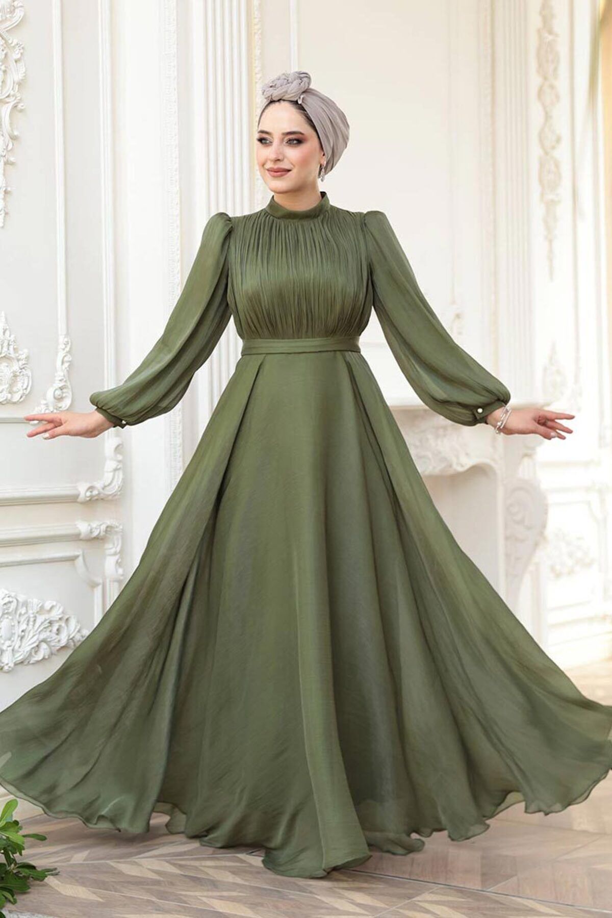 N.S NEVA STYLE Drape Detaylı Haki Tesettür Abiye Elbise 51072HK