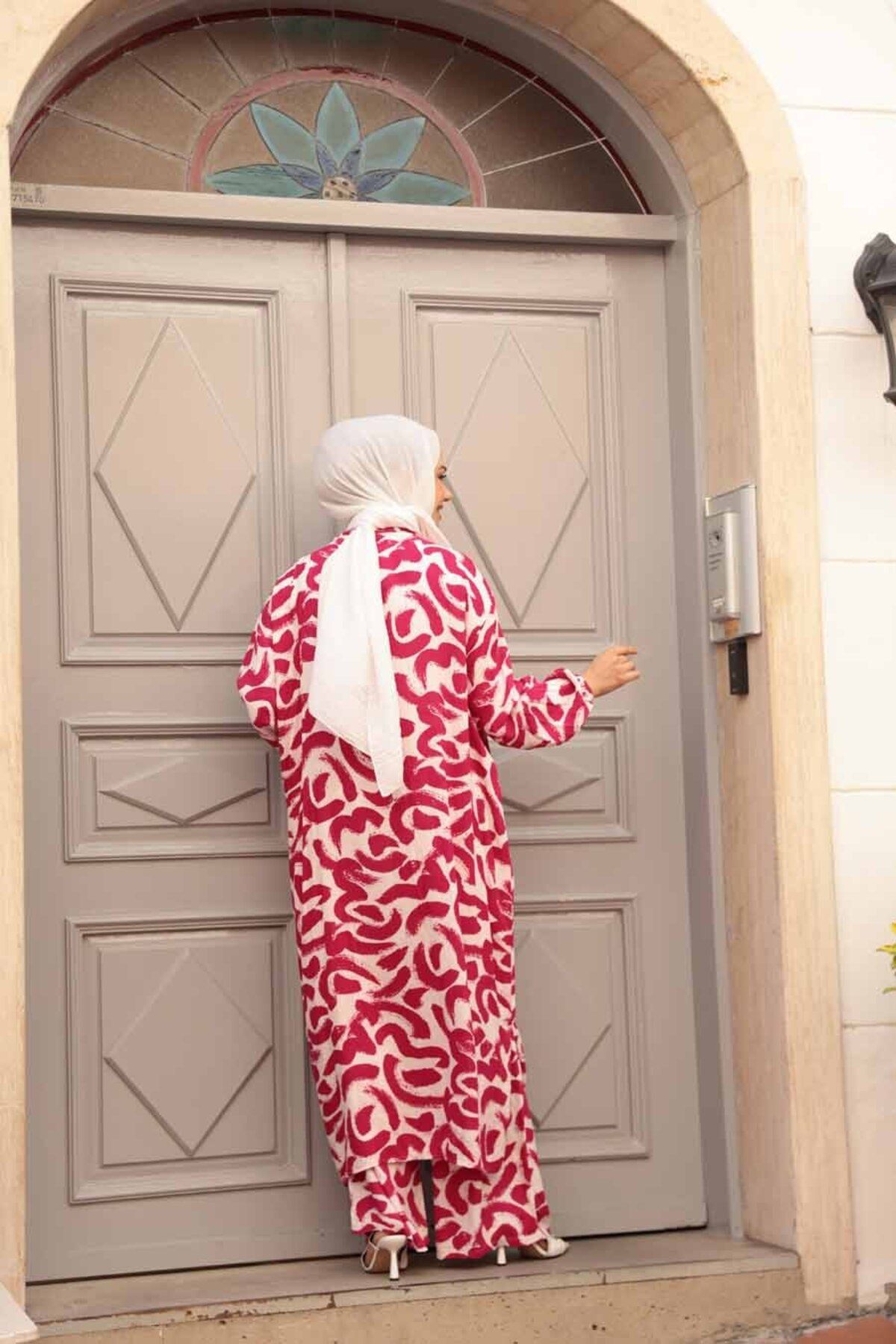 N.S NEVA STYLE--Patterned Fuchsia Hijab Double Kimono Set 12886F 4