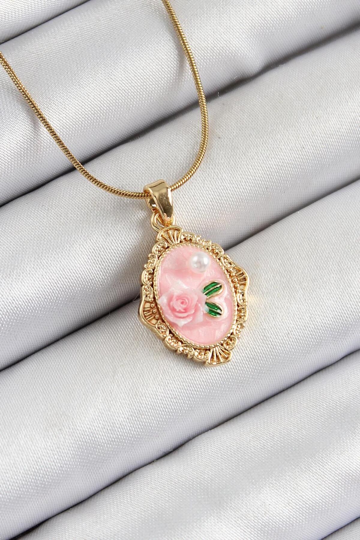 AfraBeauty 925 Ayar Paslanmaz Çelik Zincir Pembe Sanatsal Portre İnci Detaylı Gül Figürlü Gold Renk Kadın Kolye