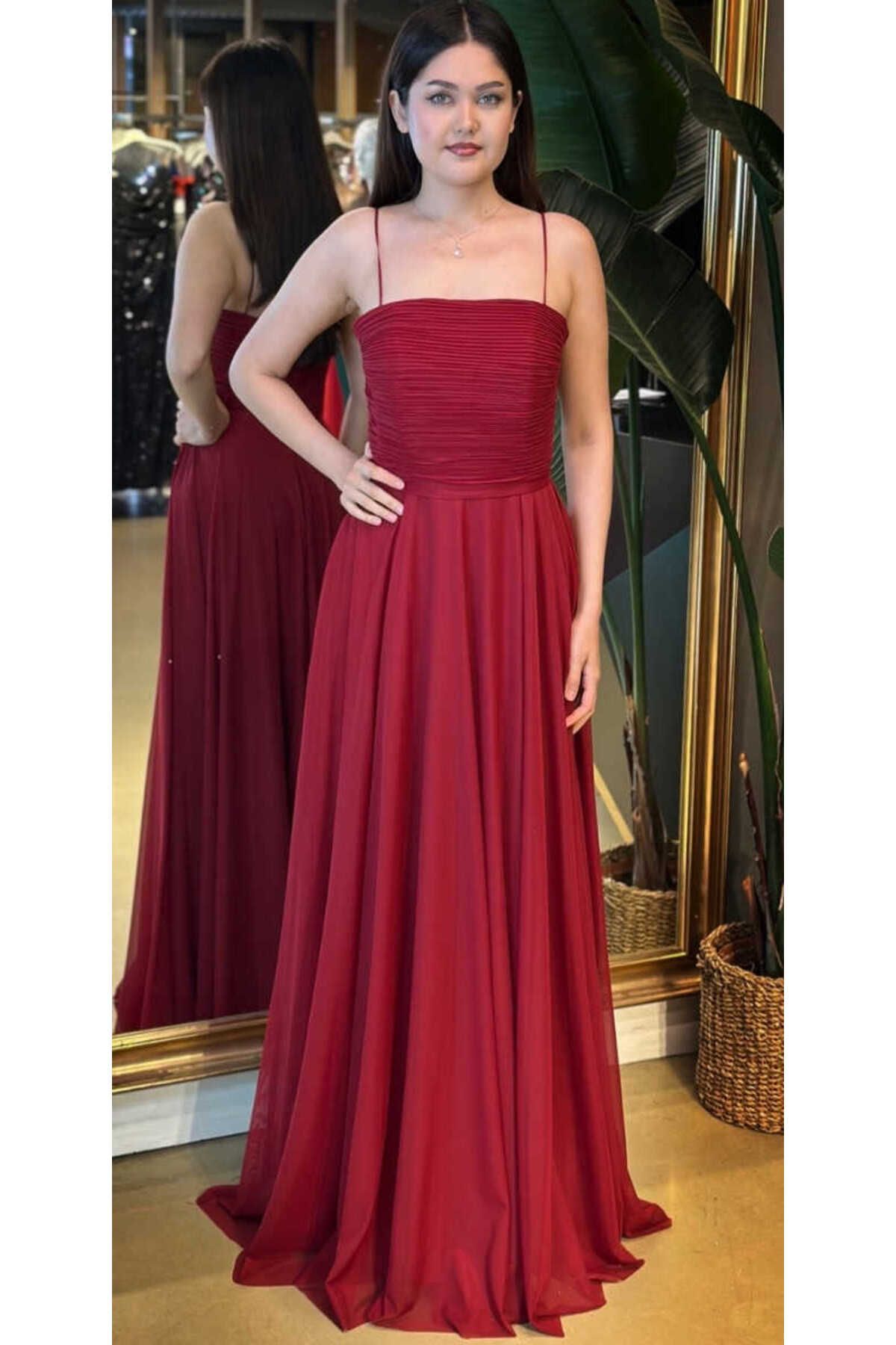 Abiyeniall Bordo İp Askılı Yırtmaçlı Düz Kesim Tül Uzun Abiye Elbise 7719
