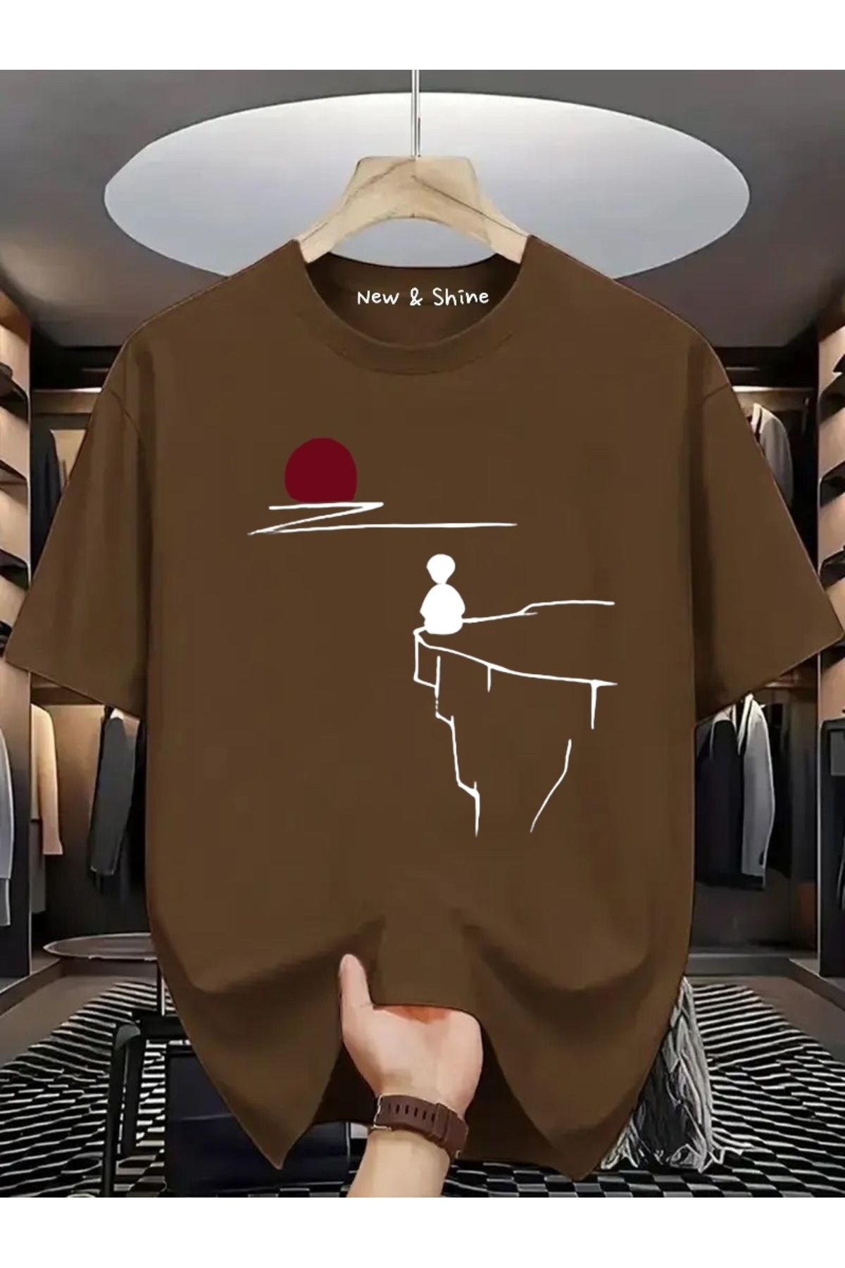 New Shine Manzara Çizgisel Baskılı Oversize T-Shirt