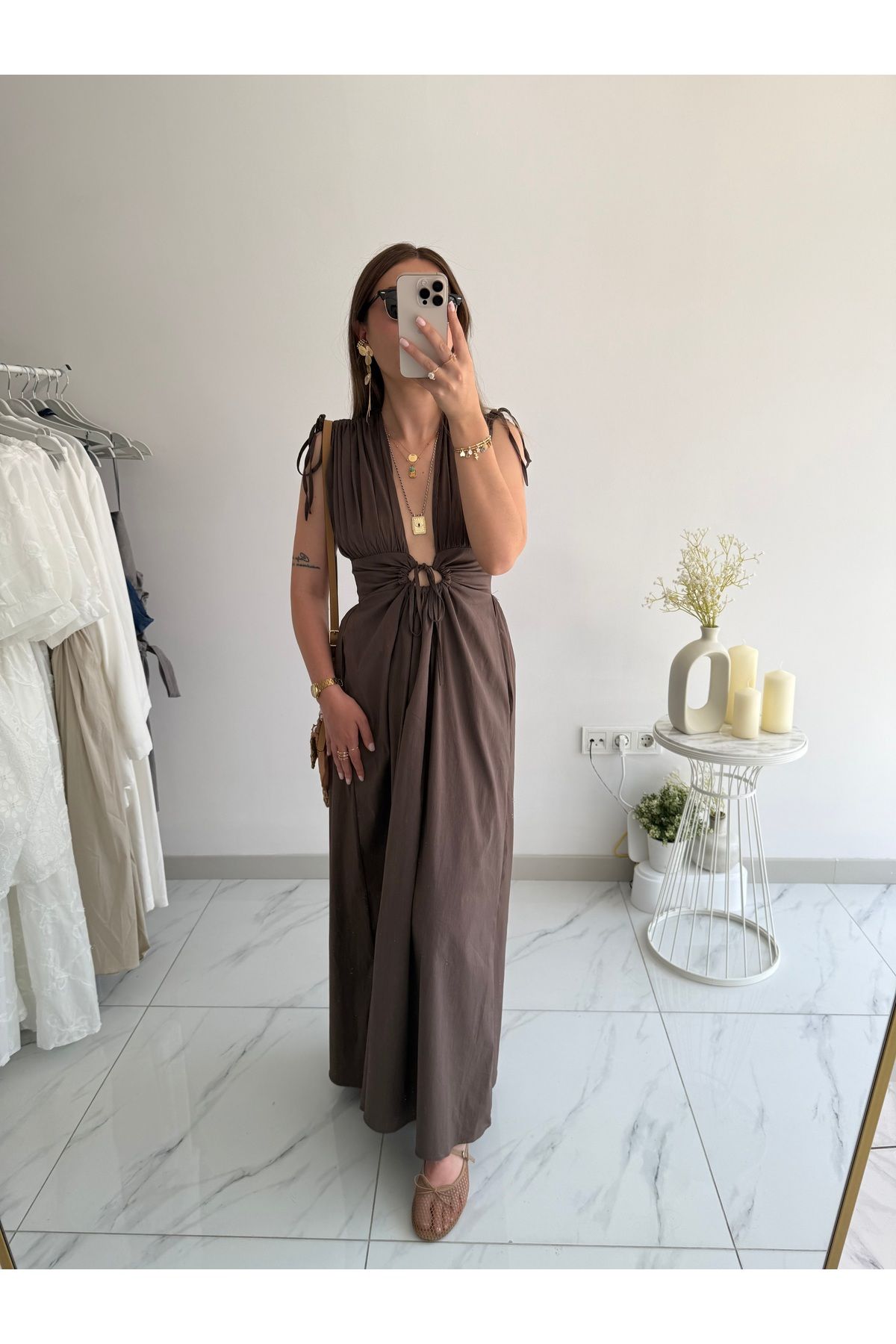 MODA Kahverengi büzgü elbise