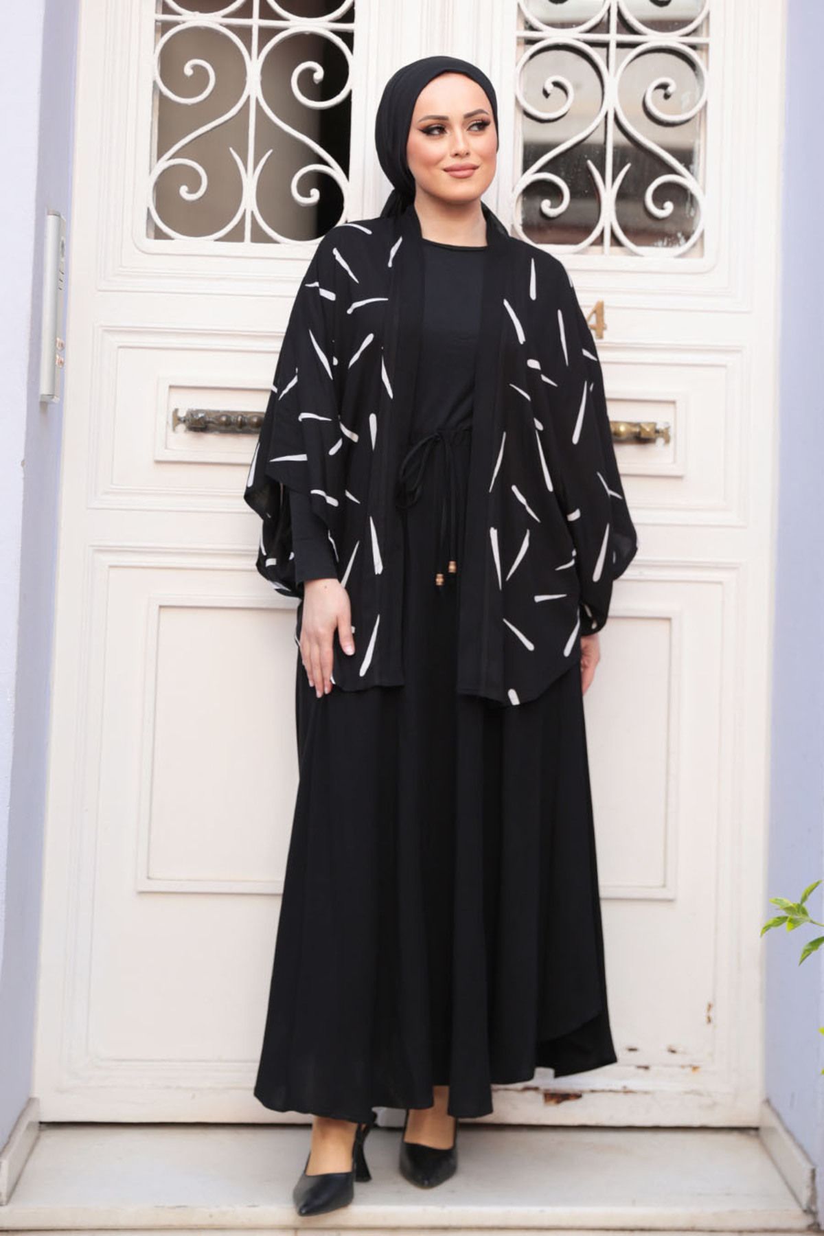 N.S NEVA STYLE-Patterned Black Hijab Double Kimono Set 12892S 2