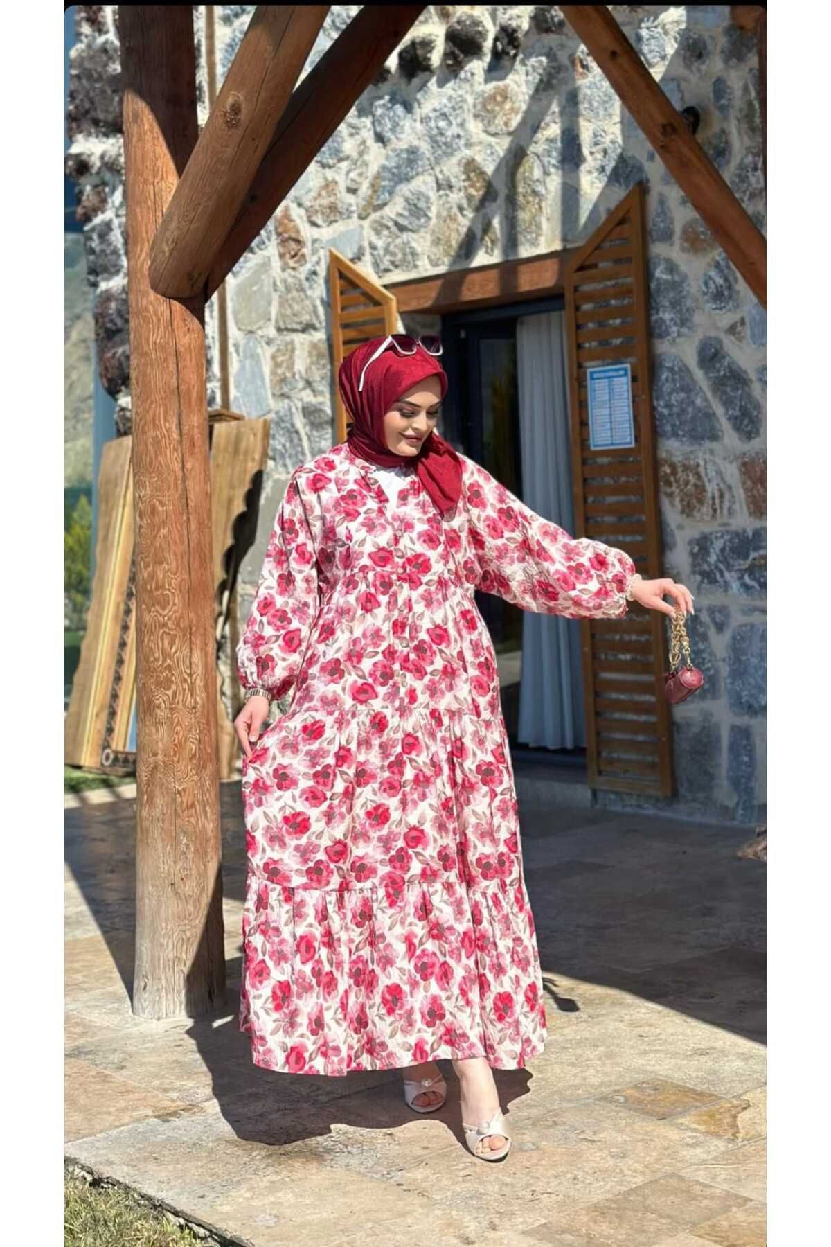 QUAWEAR V Yaka Kolu Lastikli Mango Kumaş Yazlık Tam Boy Elbise