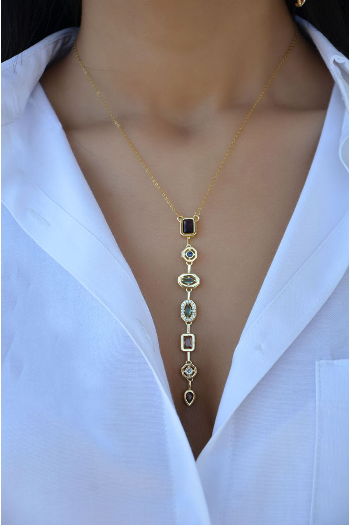 Mek Accessories Kadın Çelik Renkli Taşlı Y Kolye Kararmaz Y Kolye Dekolte Kolye
