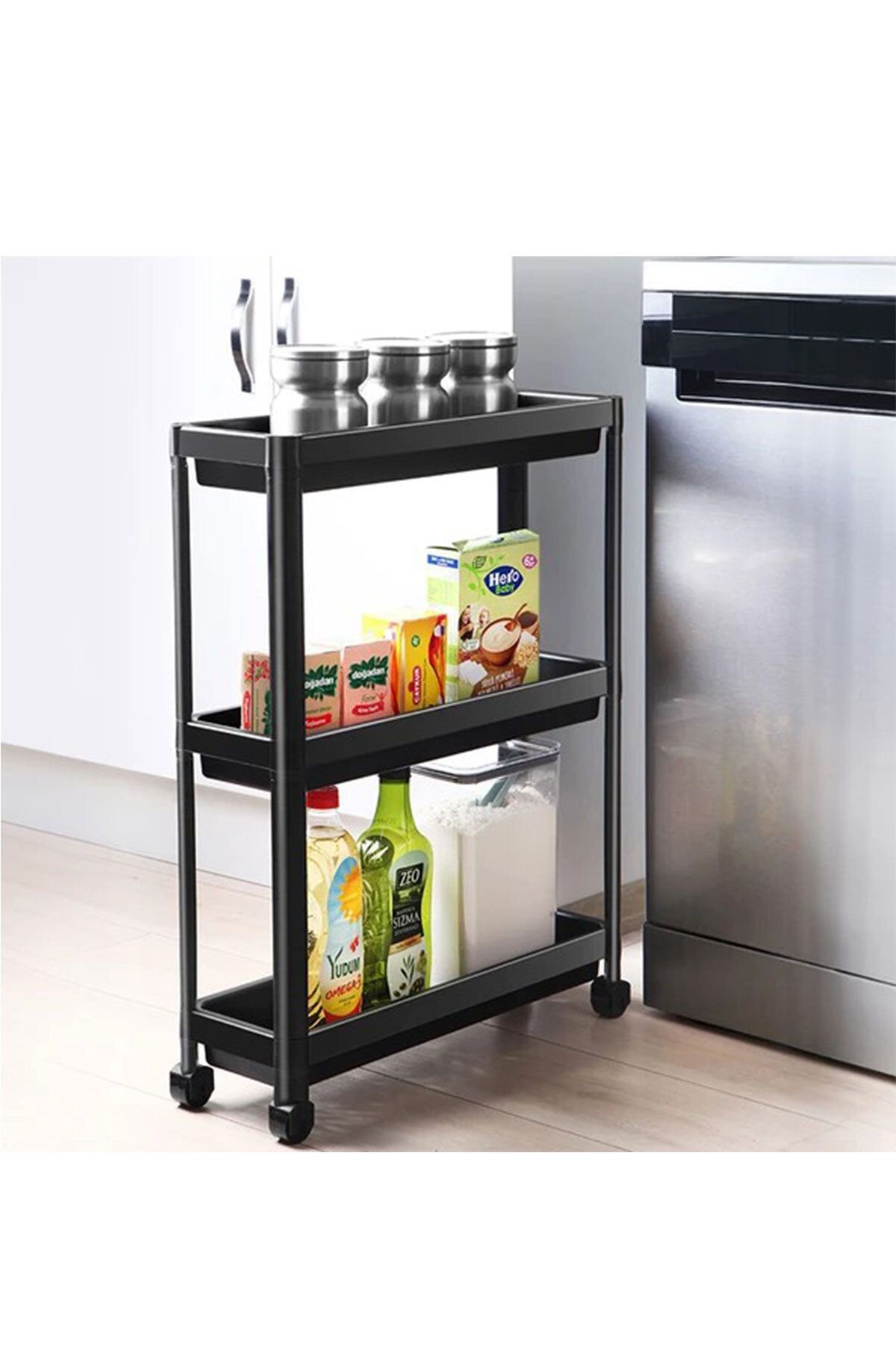 isometric Slim 3 Katlı Tekerlekli Raf Ünitesi Siyah Banyo Rafı Mutfak Rafı Servis Sehpası Organizer