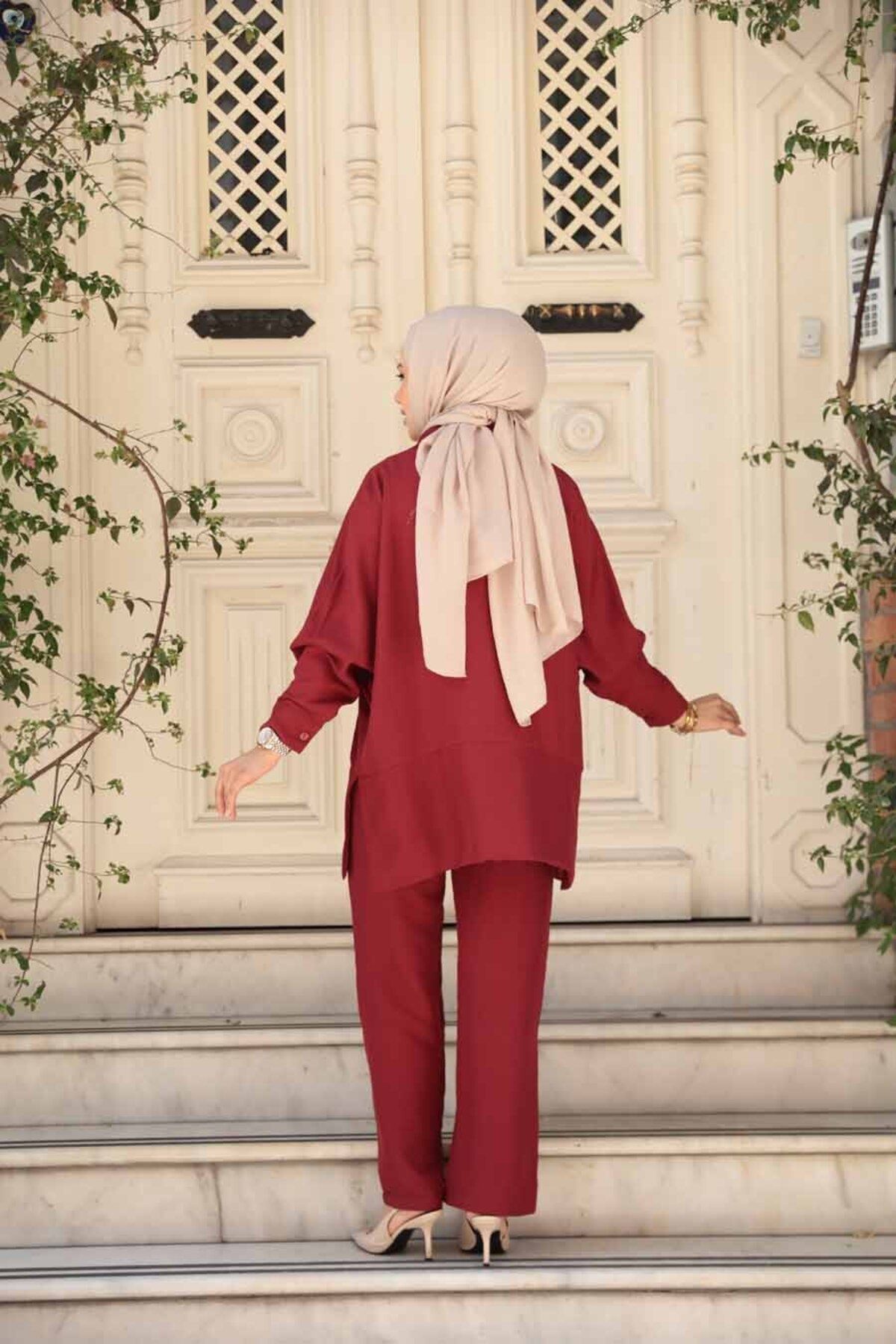 N.S NEVA STYLE-Buttoned Burgundy Hijab Double Set 67751Br 3