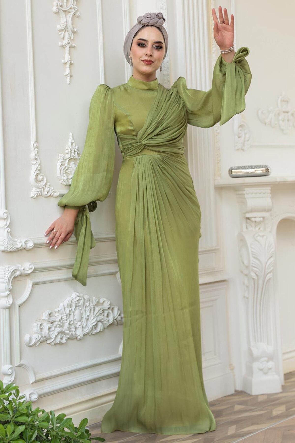 N.S NEVA STYLE Drape Detaylı Çağla Yeşili Tesettür Abiye Elbise 52285CY