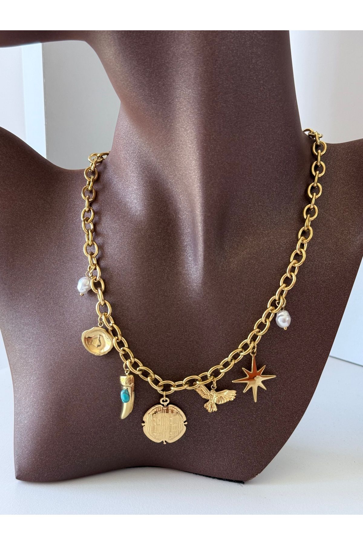 ACCESSORYHUB Çoklu Sembol Detaylı Gold Renk Zincir Kolye