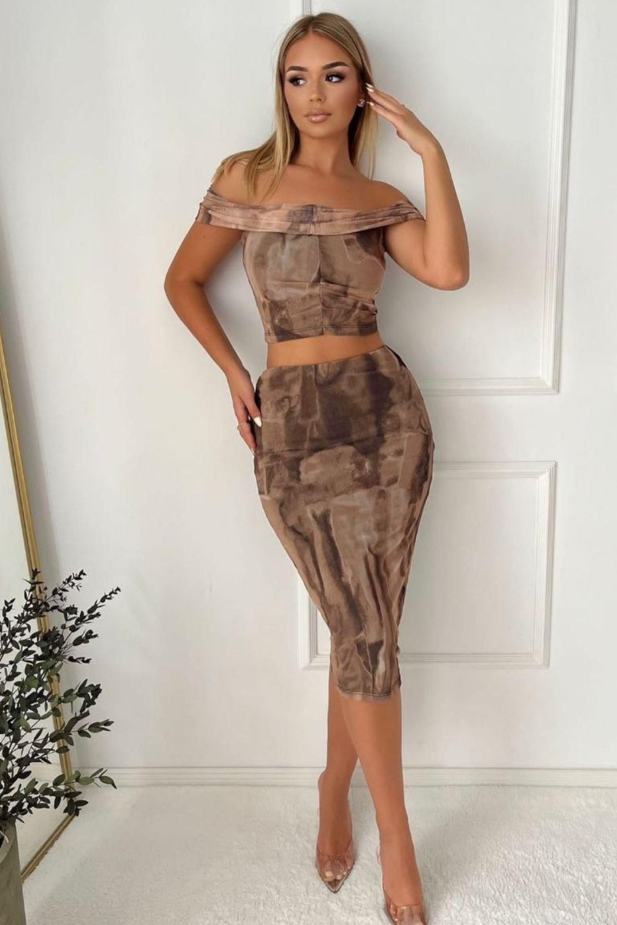 Mossta Desenli Tül Crop Bluz Ve Midi Etek Takım - Kahve