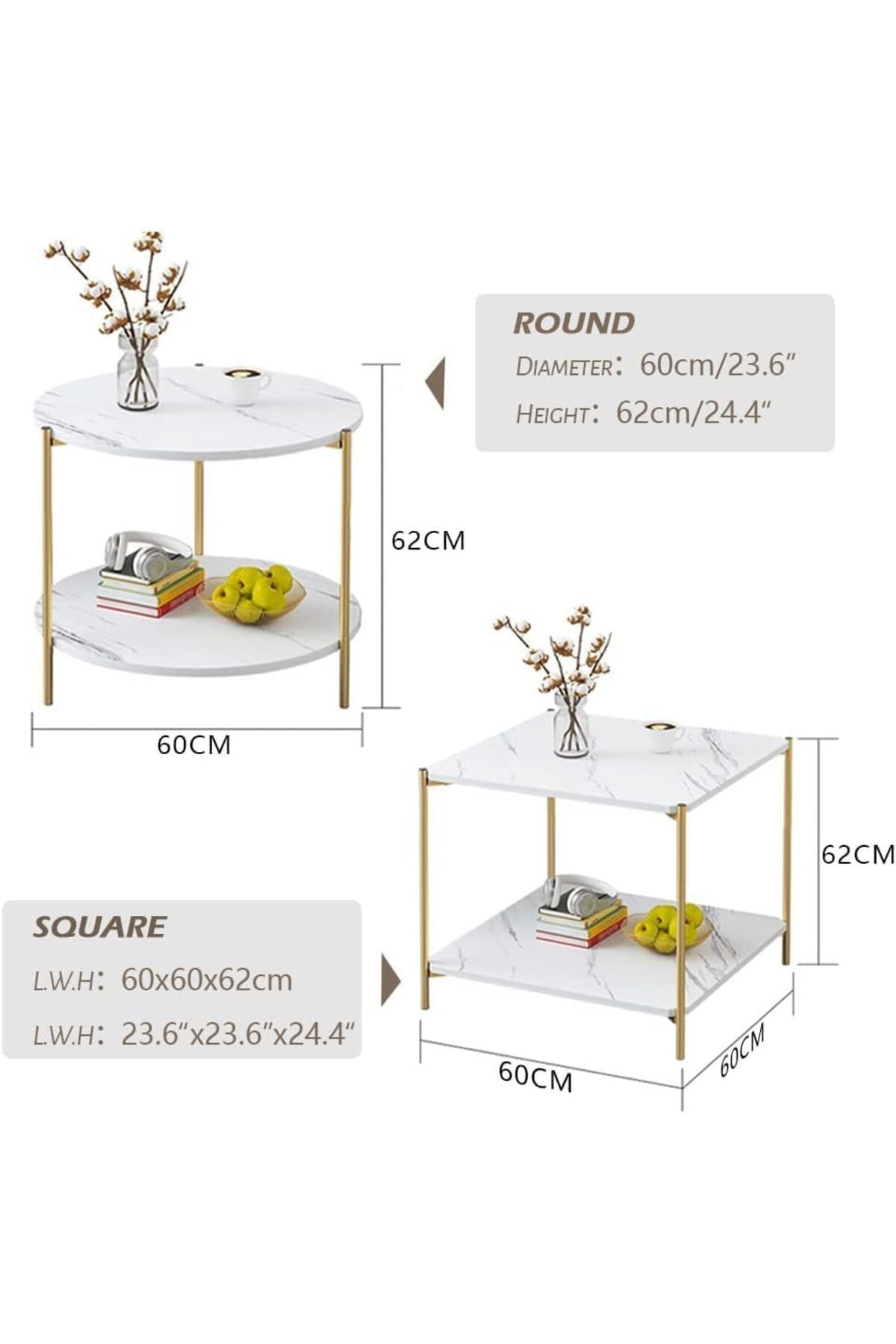 Generic-Coffee Table Small 2-Tier End Table with Open Storage Shelf, White Wooden Table Top Gold Metal Frame 8