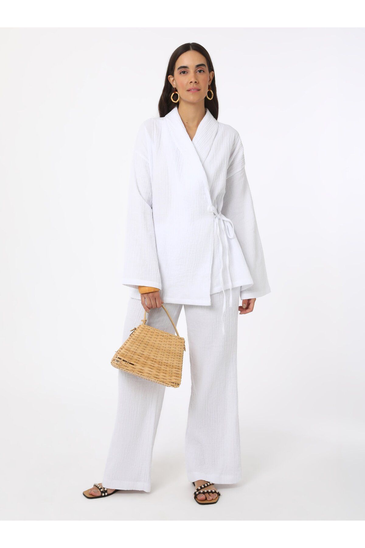 Benin Pamuklu Müslin Bağlama Detaylı Kimono - Beyaz - Benin