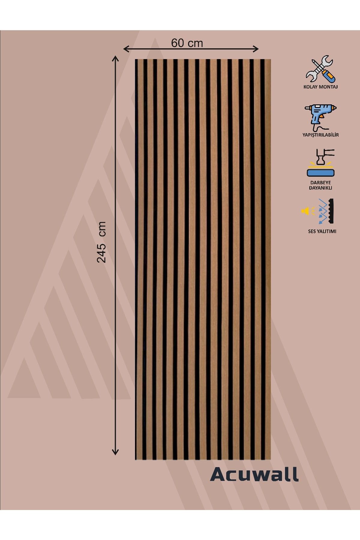 Acuwall Akustik Duvar Paneli-Vega Serisi-60cm*245cm-Ceviz-3mm Keçe+6mm Ahşap Çıta