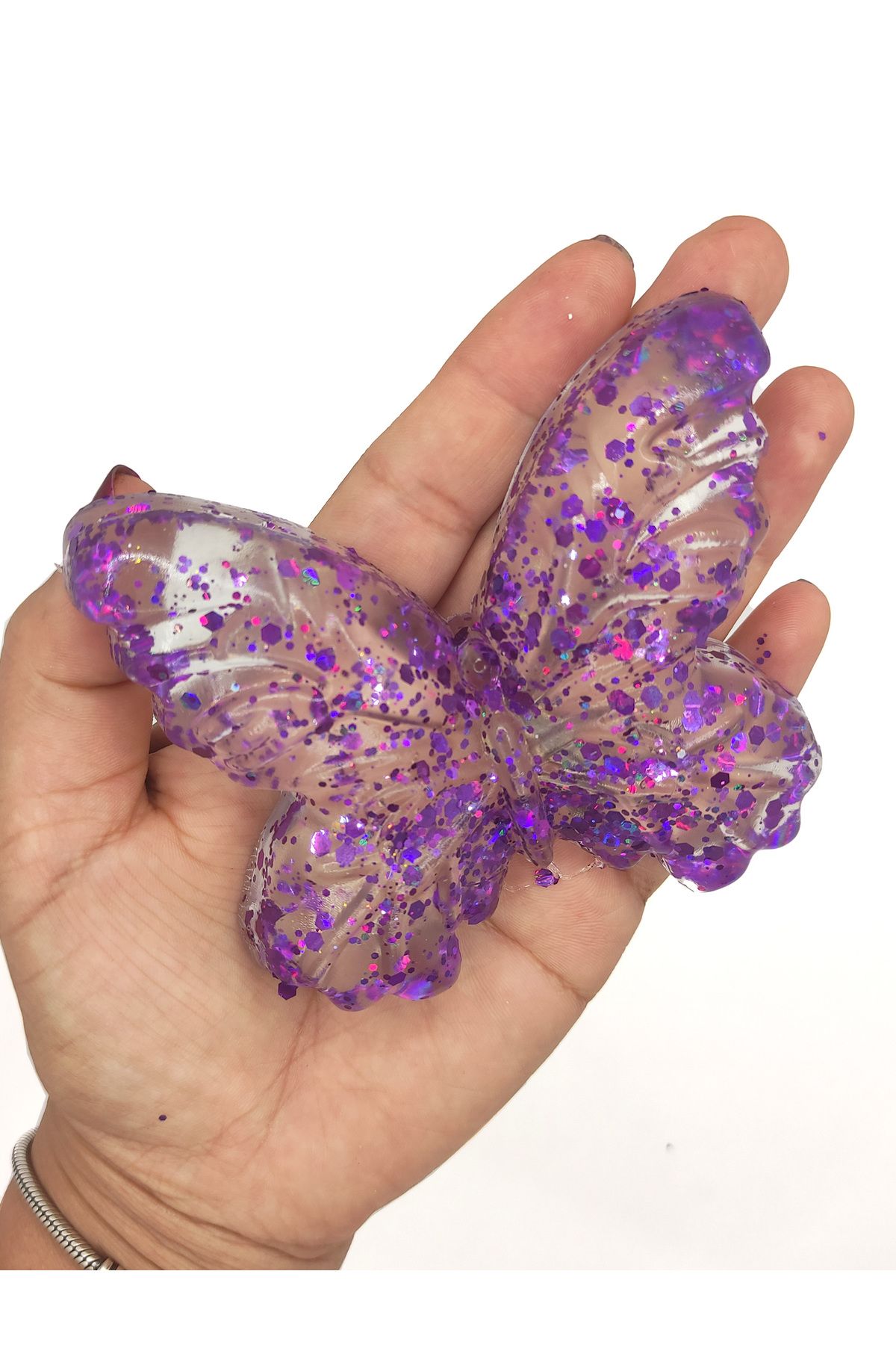 Limmy Kelebek Şeffaf Glitter Simli Moj Moj Taba Squishy Sıkma 10x8 cm Simli Sukuşi - Mor