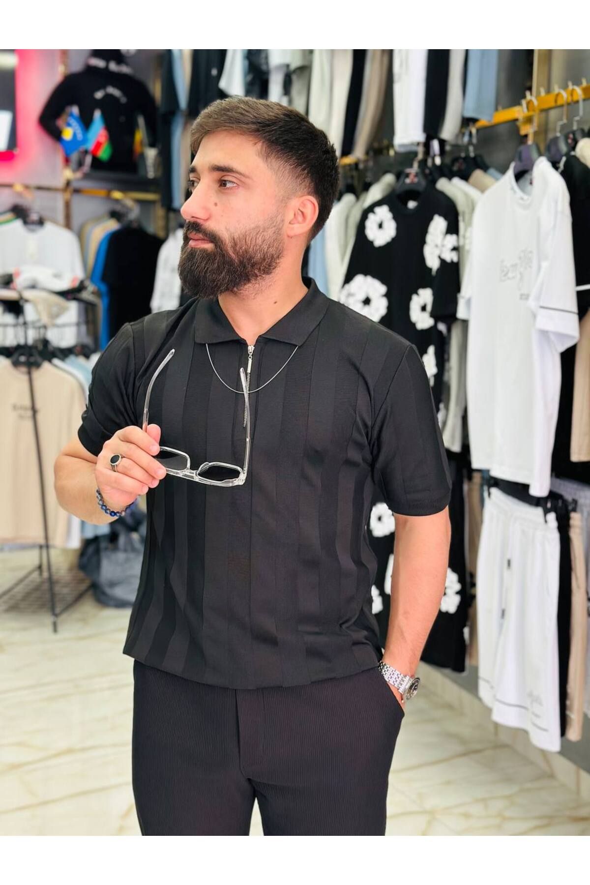 FRANCO RENZO Erkek Fit Fermuarlı Triko Polo Tişört