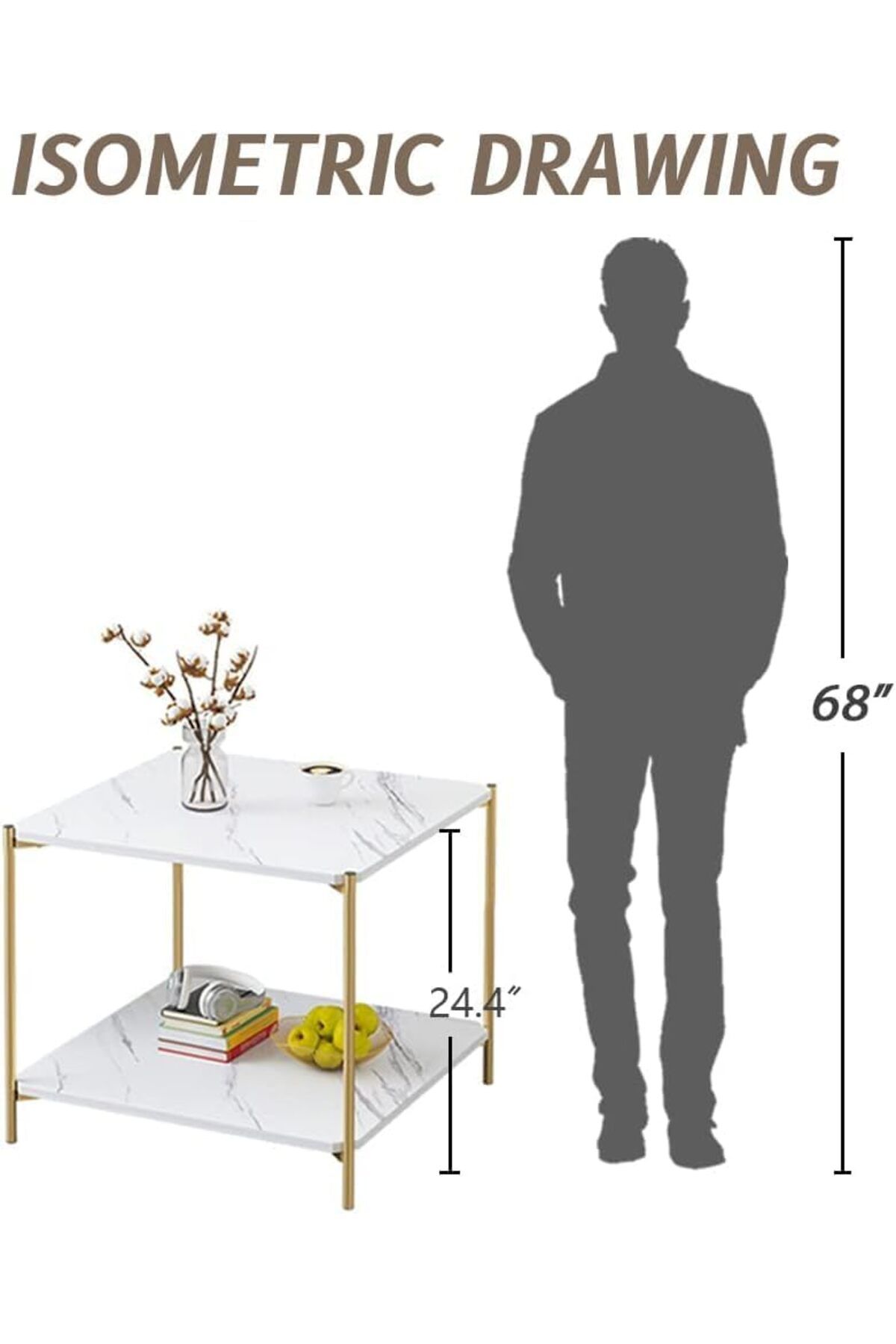 Generic-Coffee Table Small 2-Tier End Table with Open Storage Shelf, White Wooden Table Top Gold Metal Frame 5
