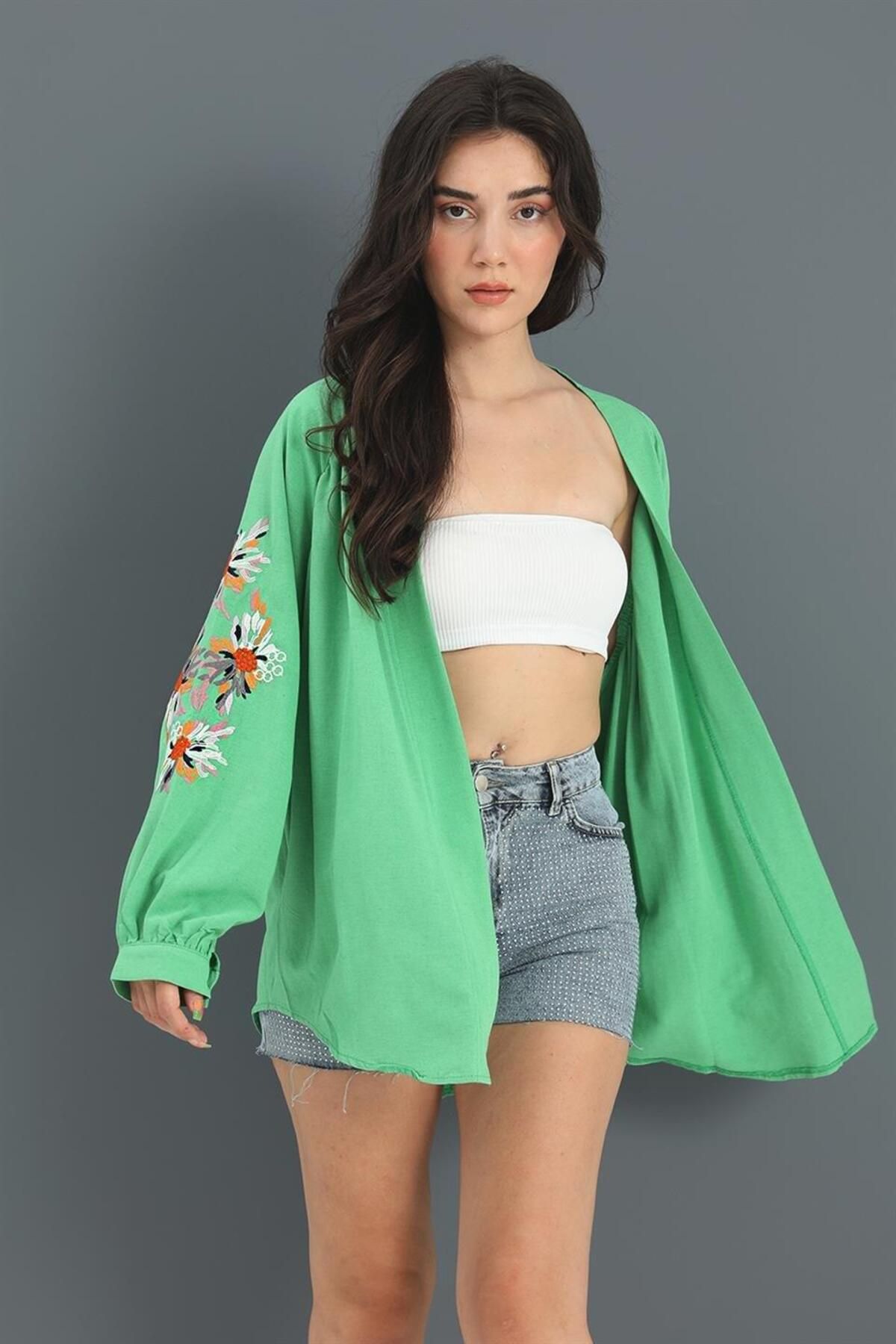 LLOHA Kimono Reglan Kol Nakışlı Keten - Yeşil