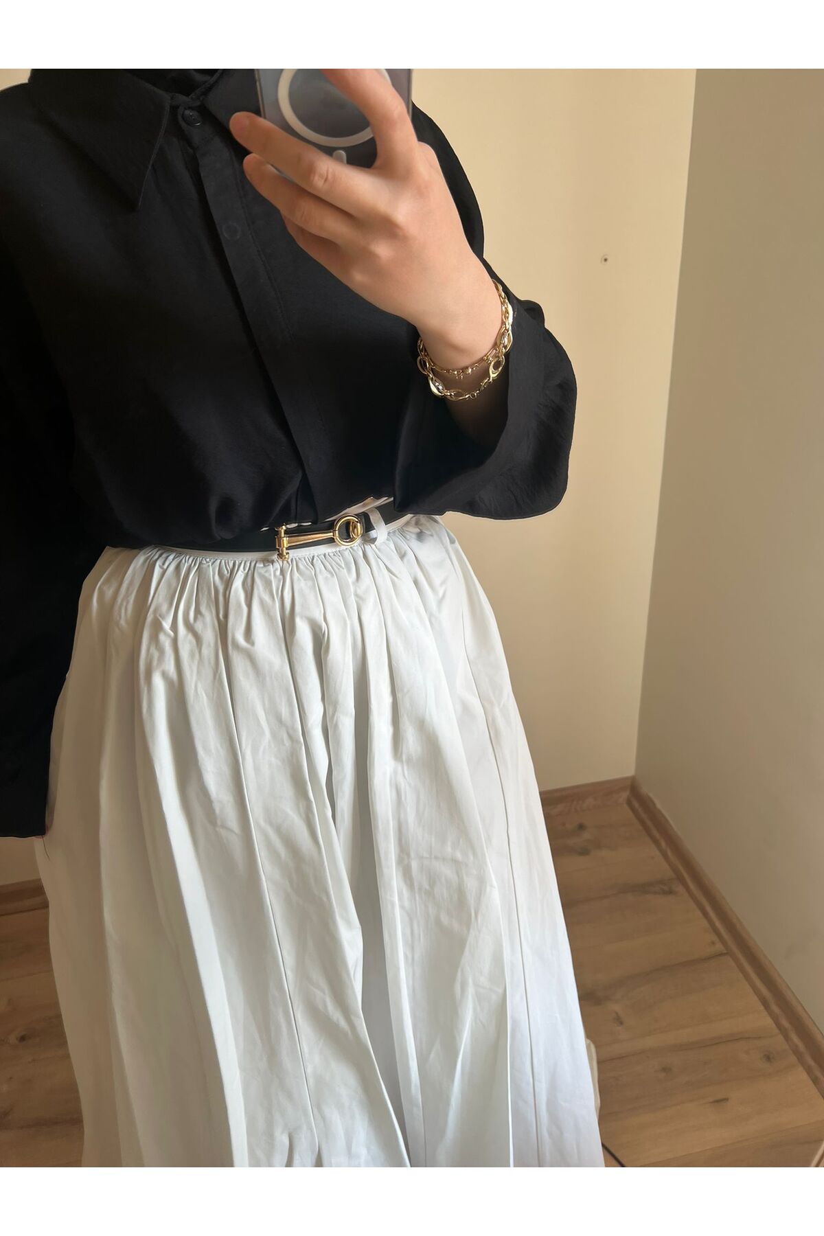 Butik Kemerli Poplin Pileli Etek