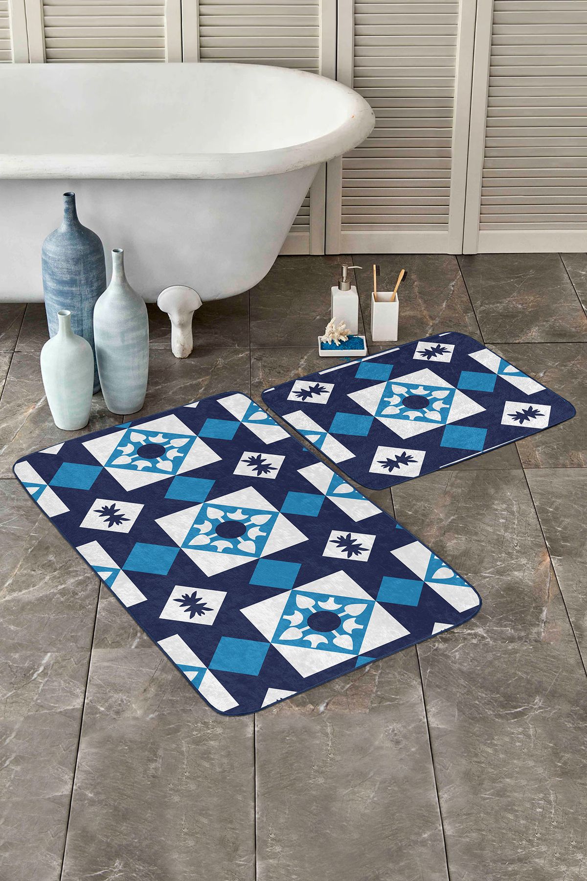 Realhomes Mavi Geometrik Desen Motifli 2’li Banyo Paspas Taklımı & Mutfak Paspas Seti