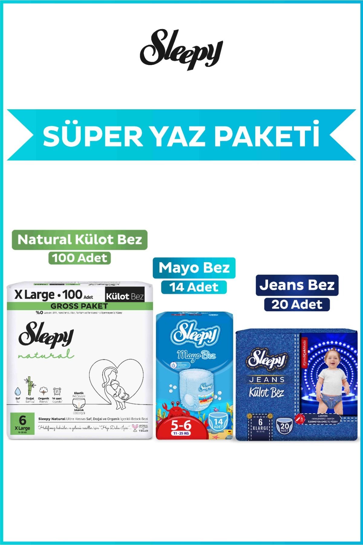 Sleepy Jeans Külot Bez 6 Numara Xlarge 20 Adet+Mayo Külot Bez 14 Adet+Natural Gross Külot Bez 100 Ad
