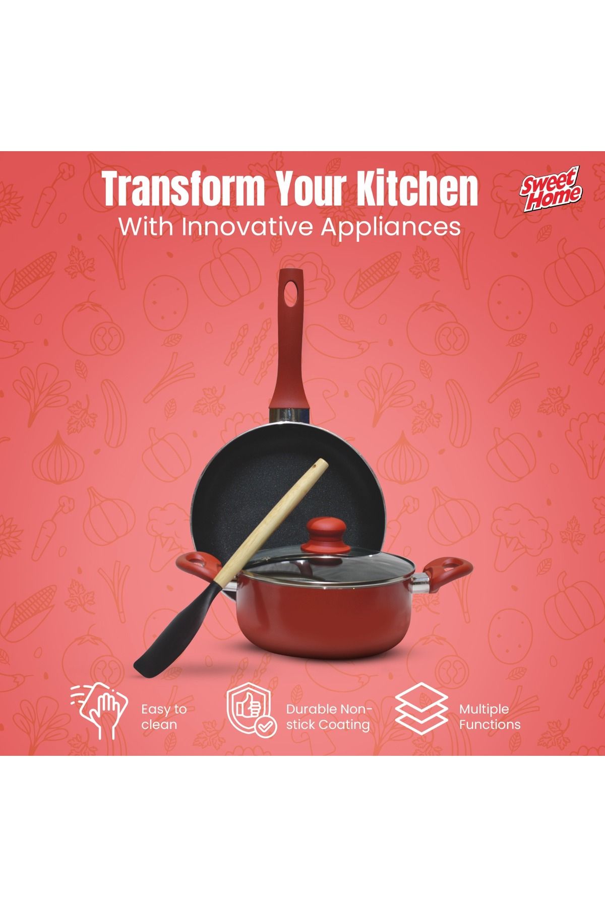 Sweet Home-Non-Stick 4pcs Cookware Set with Frypan and casserole,Heat-Resistant Handle, Lid and Laddle Included 5