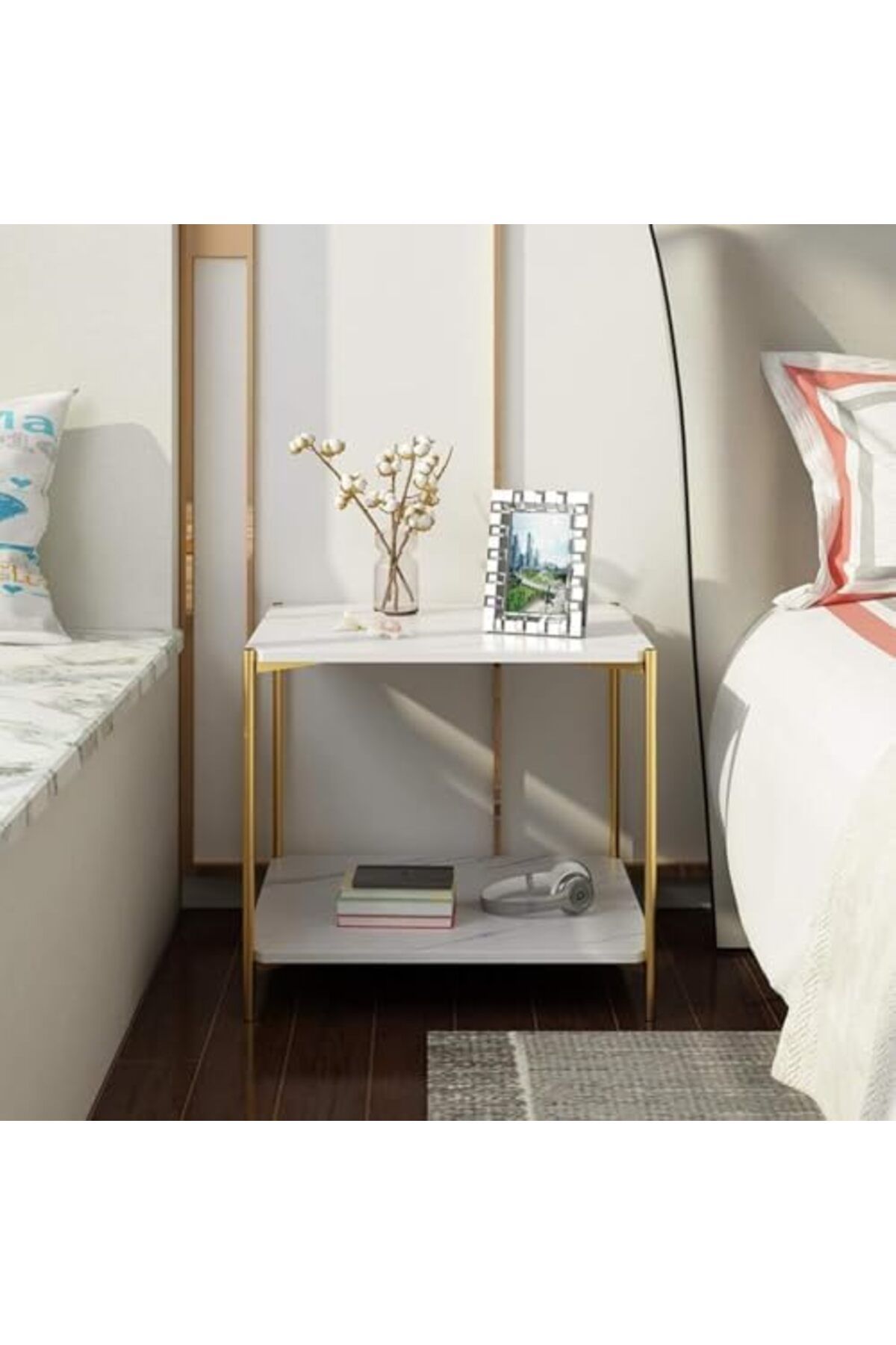 Generic-Coffee Table Small 2-Tier End Table with Open Storage Shelf, White Wooden Table Top Gold Metal Frame 3