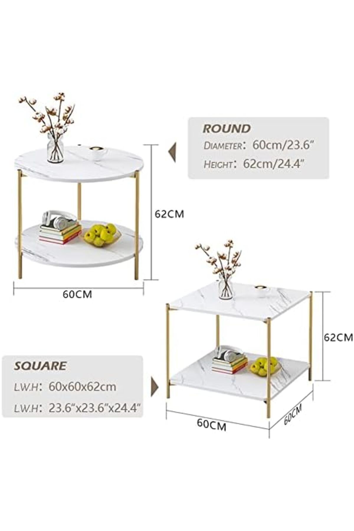 Generic-Round Coffee Table - 23.6" Small 2-Tier End Table with Open Storage Shelf, White Wooden Table Top Go 2