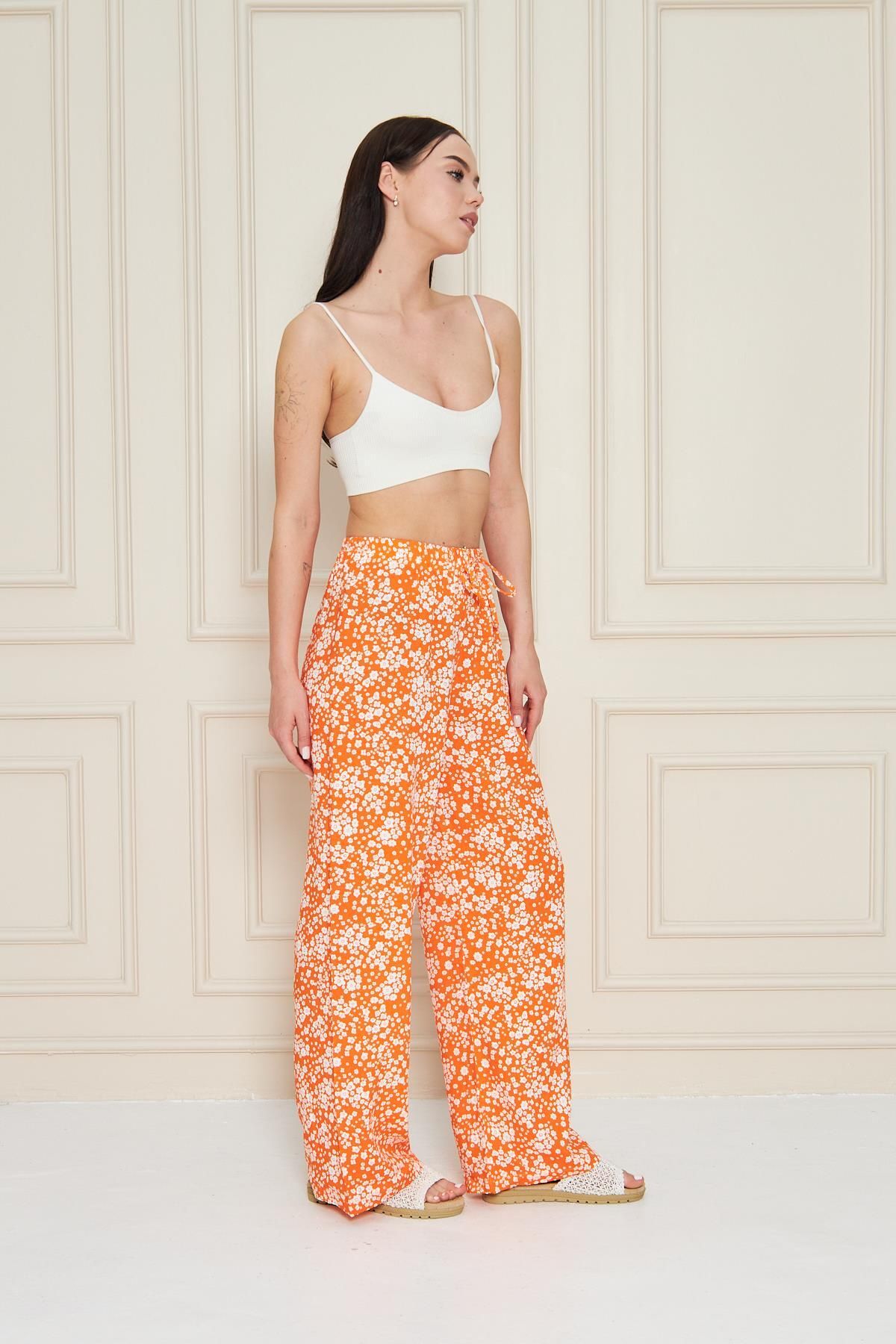 Kutaf-Orange Floral Patterned Summer Trousers with Elastic Waist 4