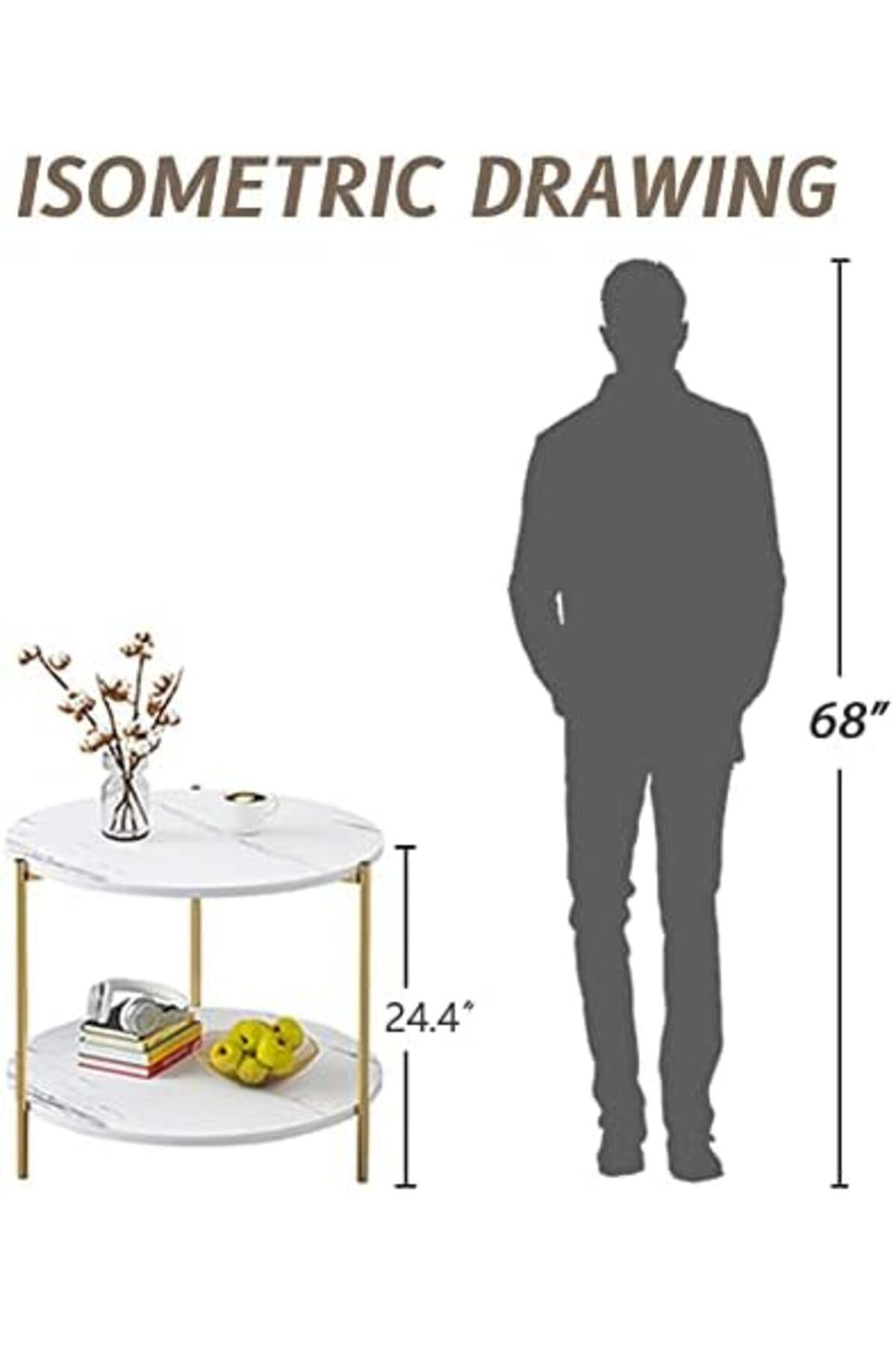 Generic-Round Coffee Table - 23.6" Small 2-Tier End Table with Open Storage Shelf, White Wooden Table Top Go 8